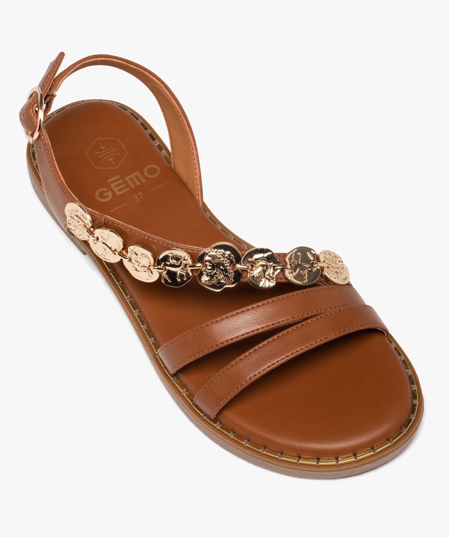 Sandales femme à talon plat avec bijoux métallisés marron | GEMO