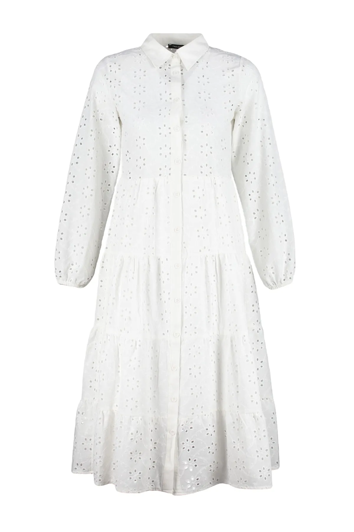 Trendyol Collection  Ecru Midi-Hemd mit gewebter Stickerei, gewebtes Kleid TWOSS23EL01024