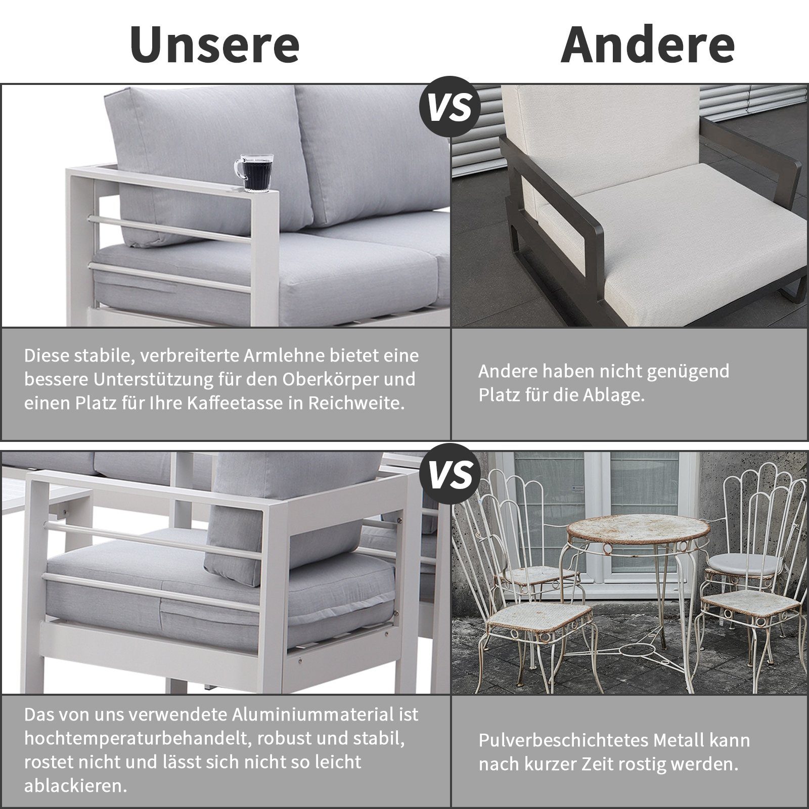 MeXo von GLP HOME Gartenlounge-Set Gartenmöbel Lounge Set 4-Teilige Aluminium Wetterfest für 4-5 Personen, (Gartenlounge Set, Balkonmöbel Set Kleiner Balkon, Essgruppe mit Kissen, 3-Sitzer-Sofa, 2 Sessel, 1 Tisch), Gartengarnitur Sitzgruppe für Terra