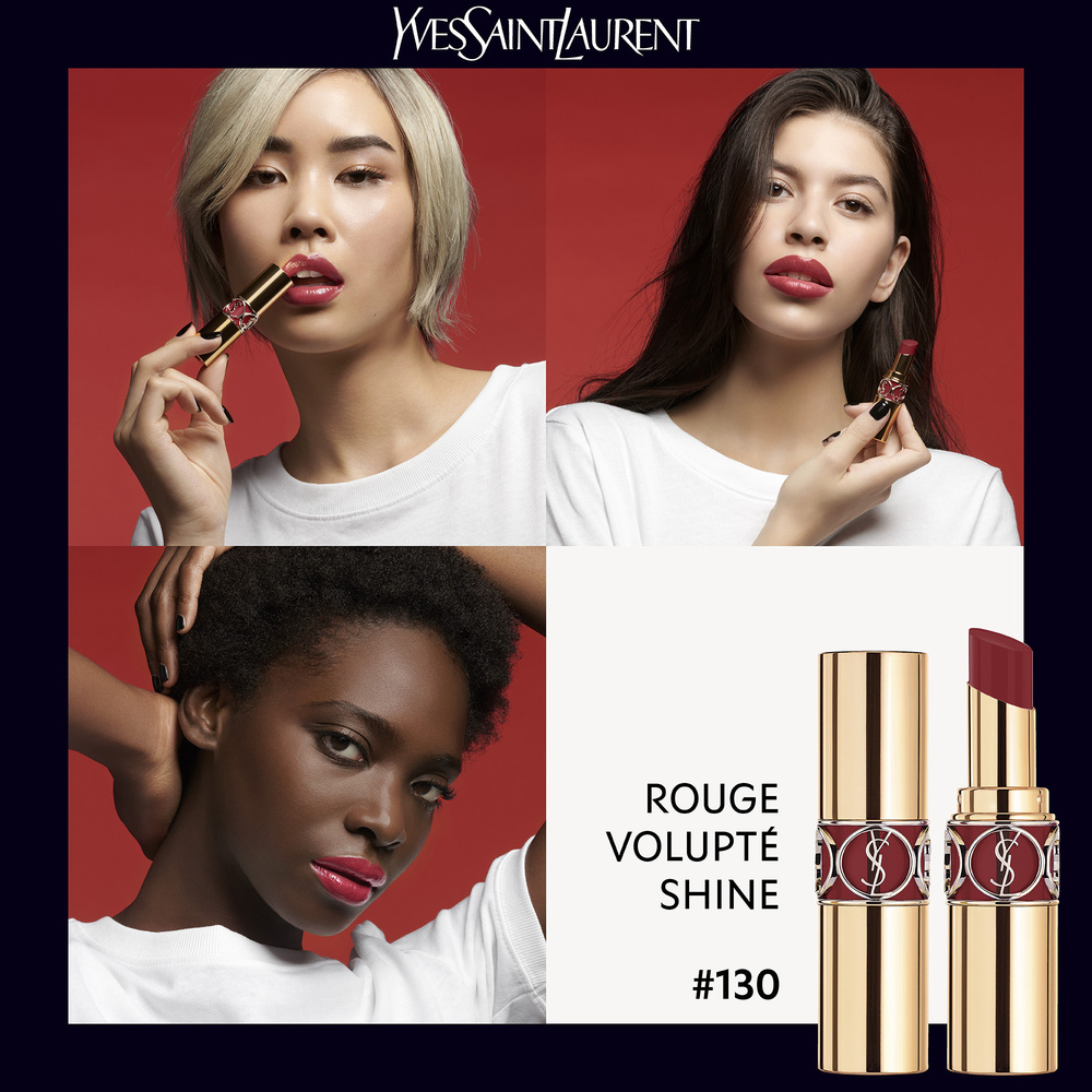 Yves Saint Laurent Rouge Volupté Shine Rouge à lèvres alliant couleur, soin etbrillance longue tenue.