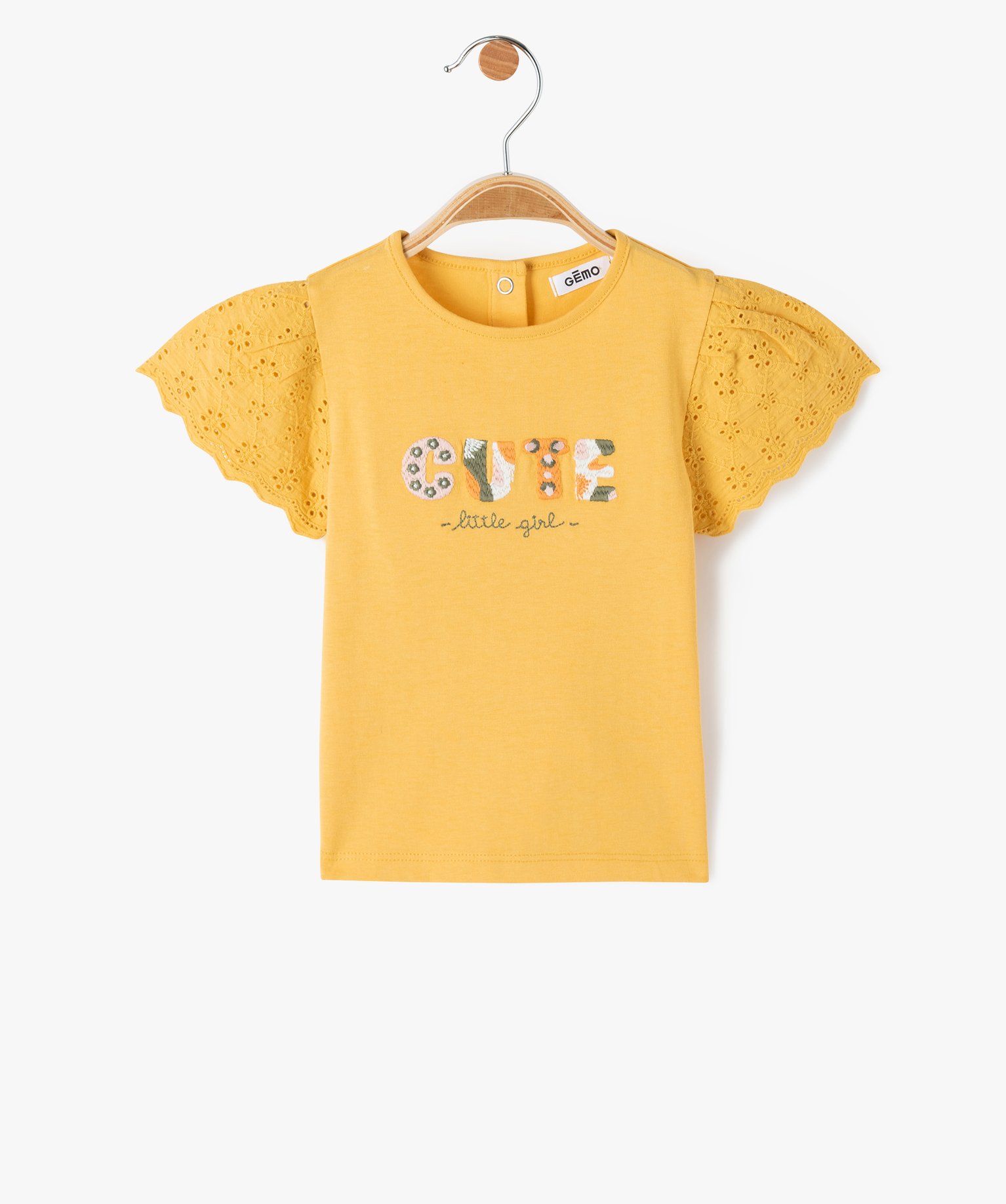 Tee-shirt bébé fille à manches en dentelle anglaise jaune | GEMO