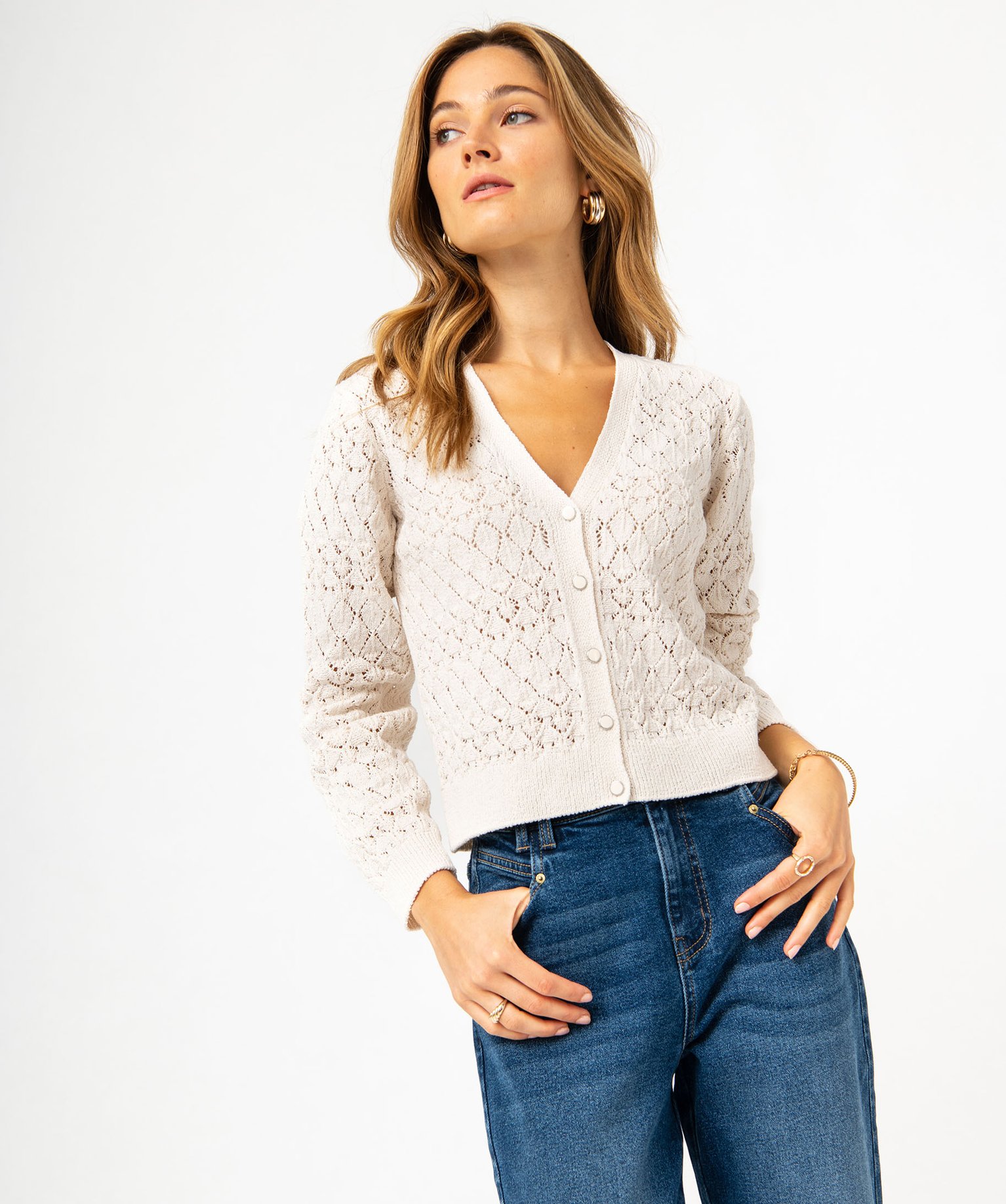 Gilet court à col V en maille ajourée femme ecru | GEMO