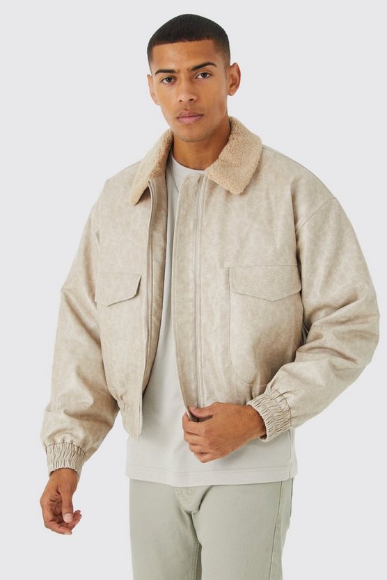 Kastige PU-Fliegerjacke mit Borg-Kragen