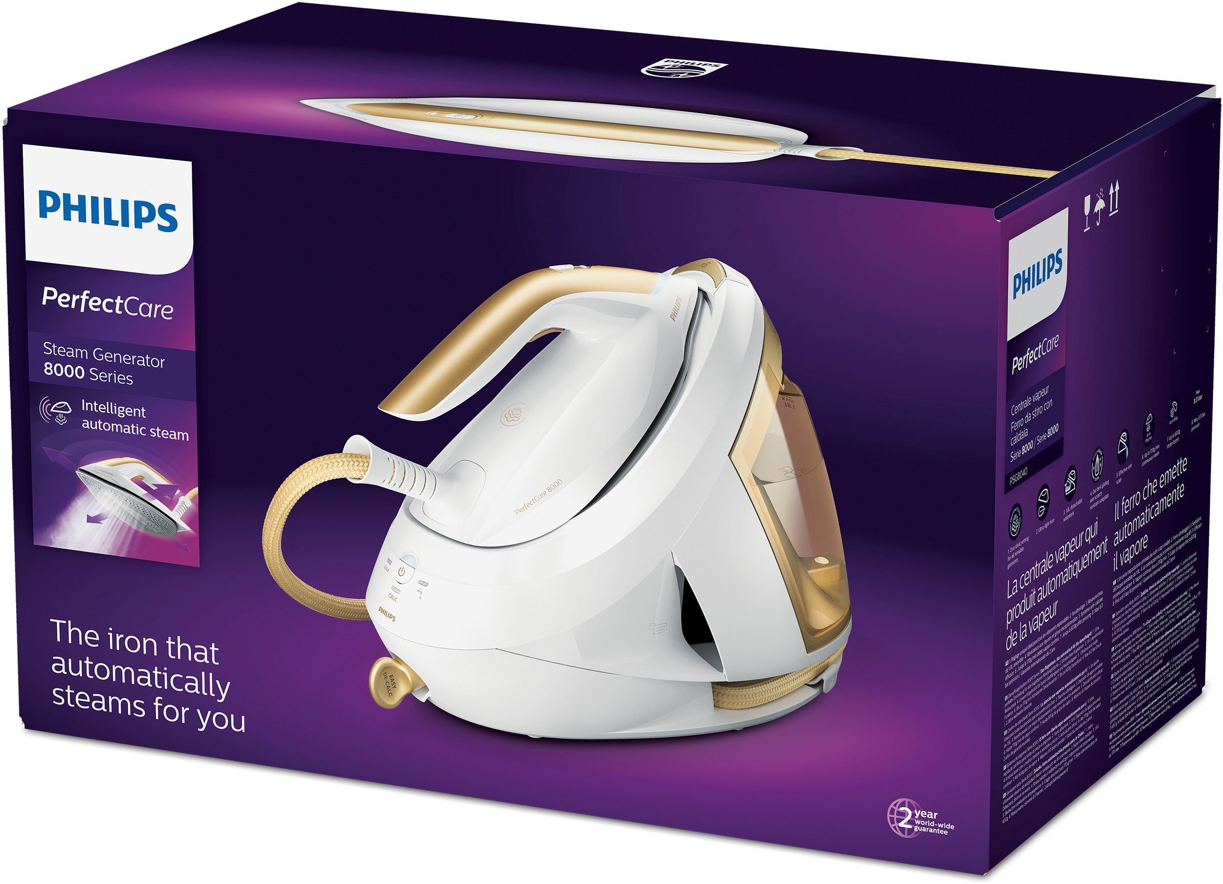 Philips Dampfbügelstation PerfectCare 8000 Series PSG8040/60 + gratis Dampfbürste STH3020/10, 1800 ml Wassertank, 2.400 Watt, OptimalTemp & DynamicQ, 600 gr Dampfstoß