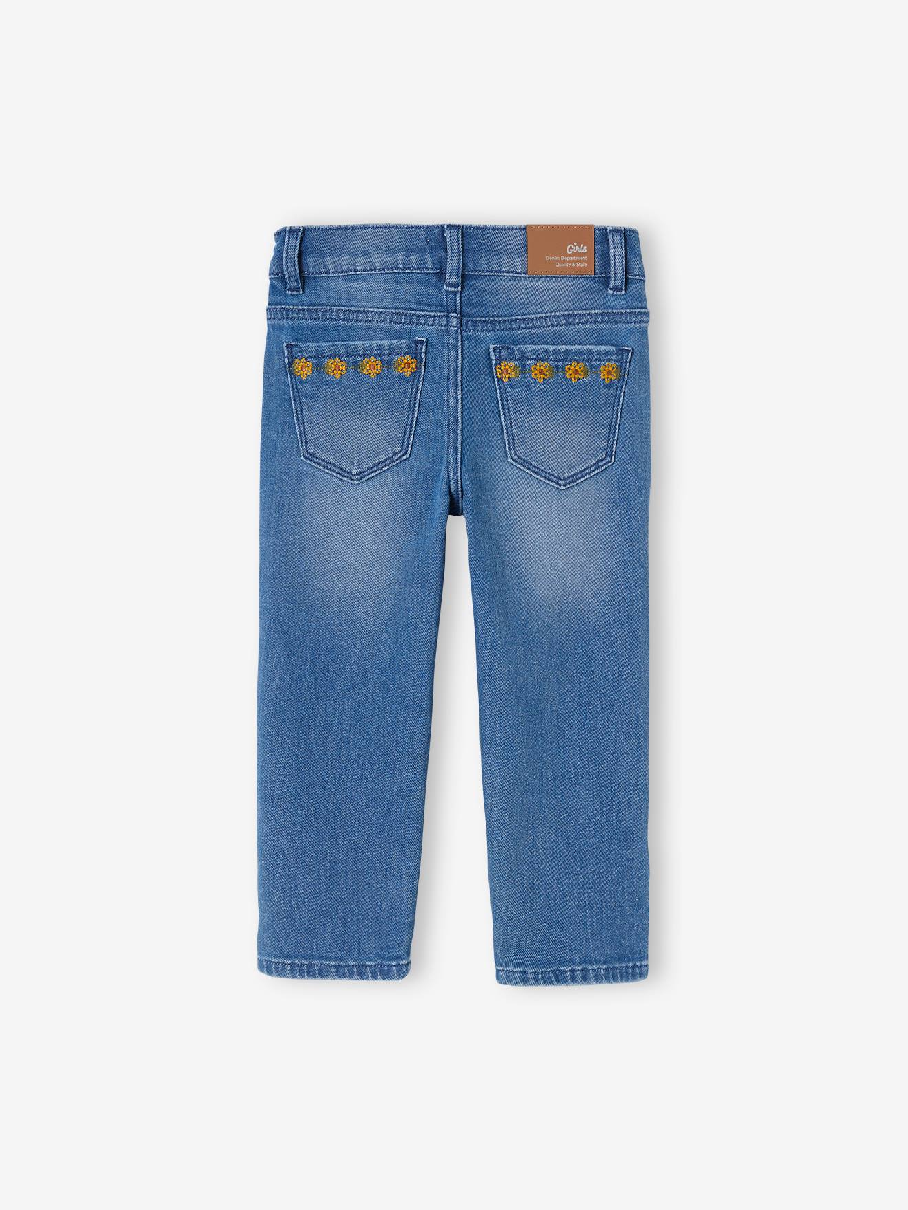 Pantacourt denim brodé fleurs fille stone