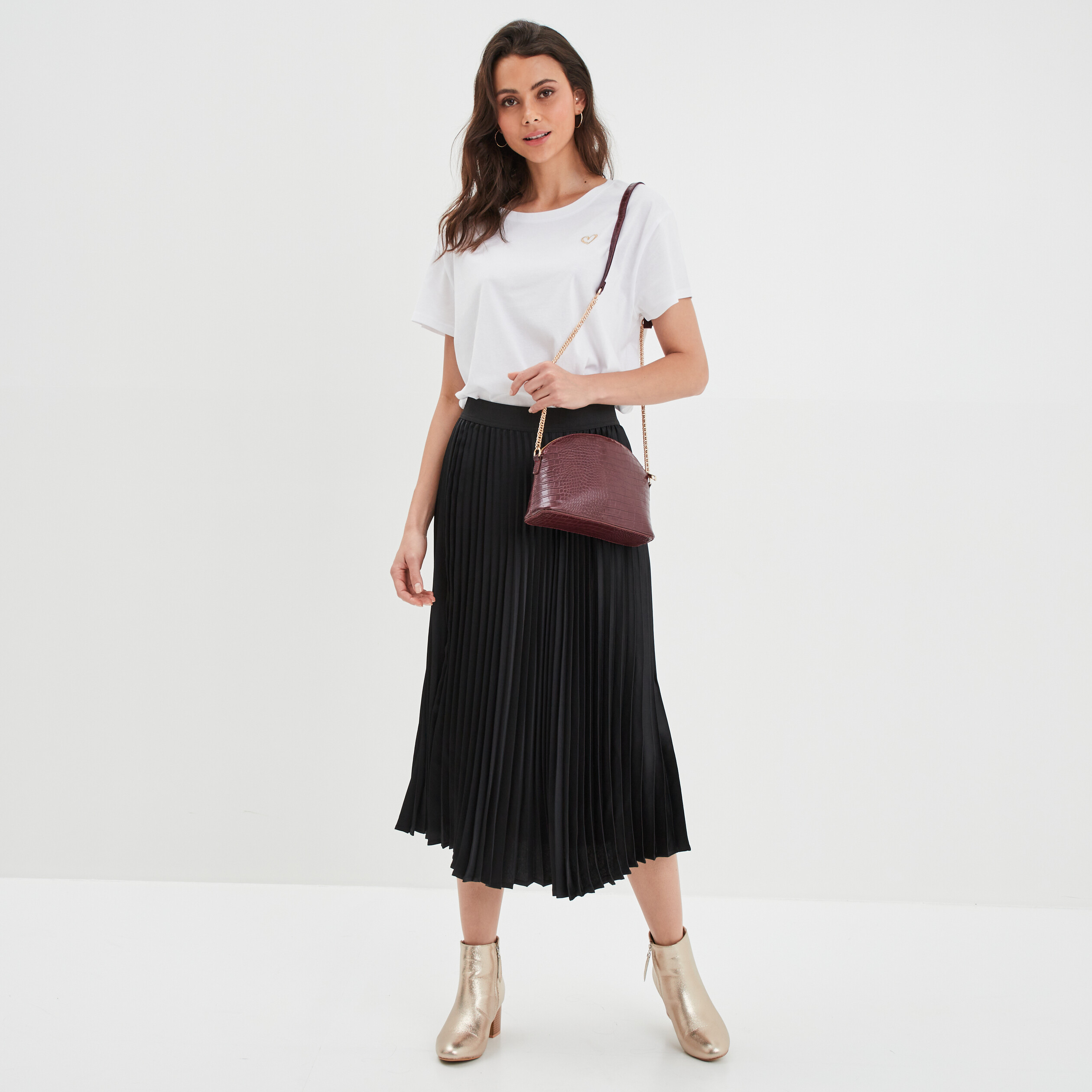 Jupe midi plissée en satin noir femme | La Halle