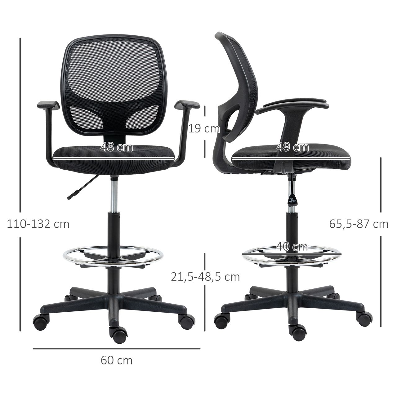 Vinsetto Arbeitsstuhl Mesh Bürostuhl Ergonomischer Schreibtischstuhl Zeichenstuhl mit verstellbarem Fußring Höhenverstellbare Drehstuhl mit Rollen für Arbeitszimmer Schwarz 60 x 56 x 110-132 cm