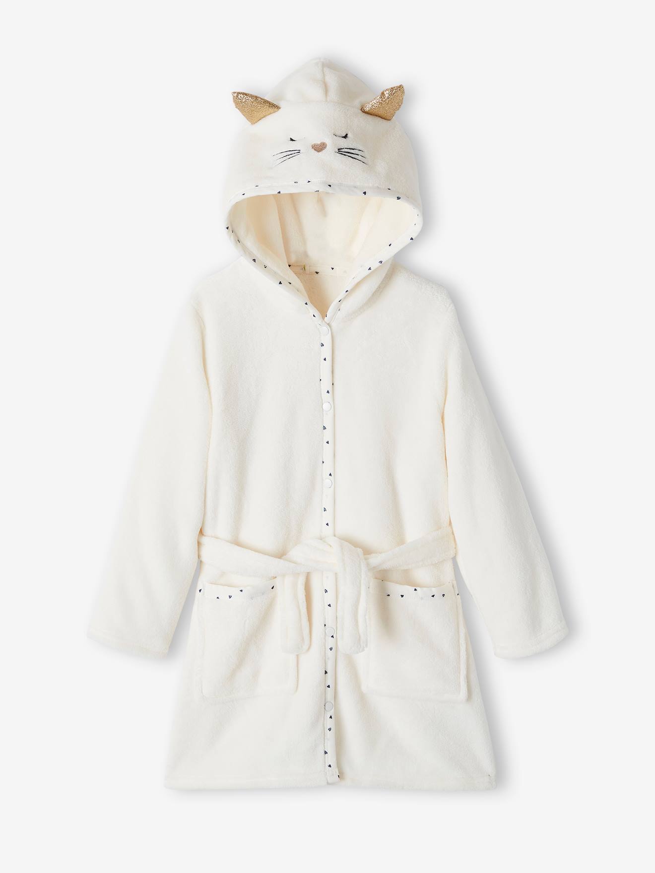 Vertbaudet Mädchen Morgenmantel aus Plüsch KATZE, personalisierbar - wollweiß