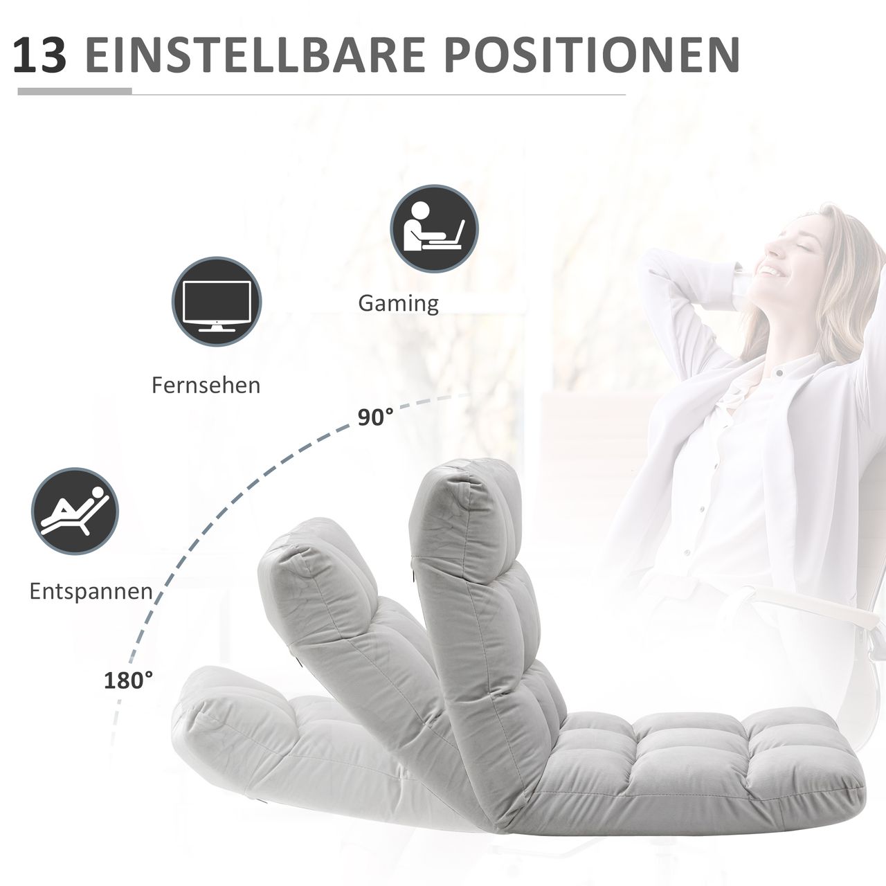 HOMCOM Bodenstuhl 3-in-1 Klappbar Bodensessel mit Rückenlehne 13 Positionen Verstellbare Klappliege Sitzkissen Grau Metall Schaumstoff 55 x 71 x 53,5 cm