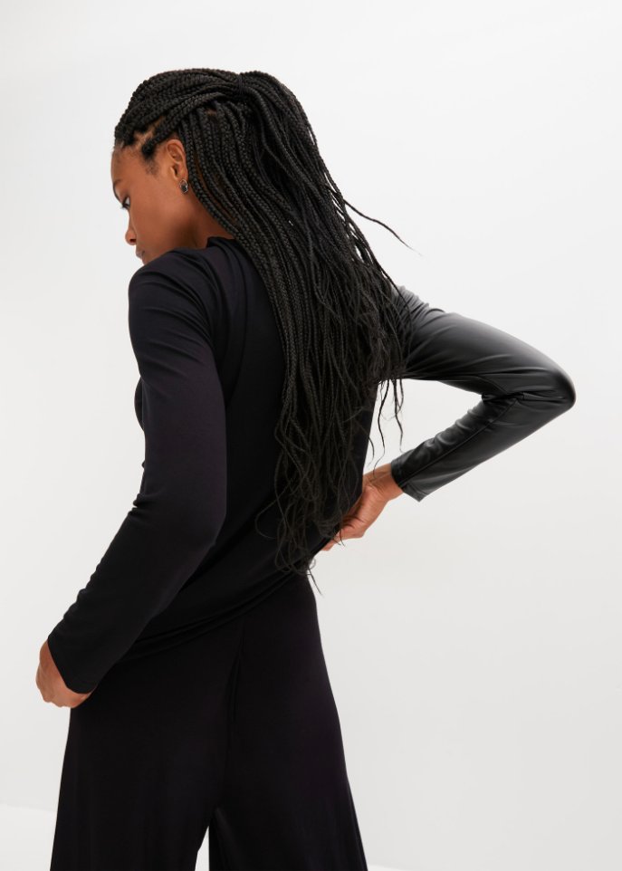 Asymmetrisches Langarmshirt mit Lederimitateinsatz