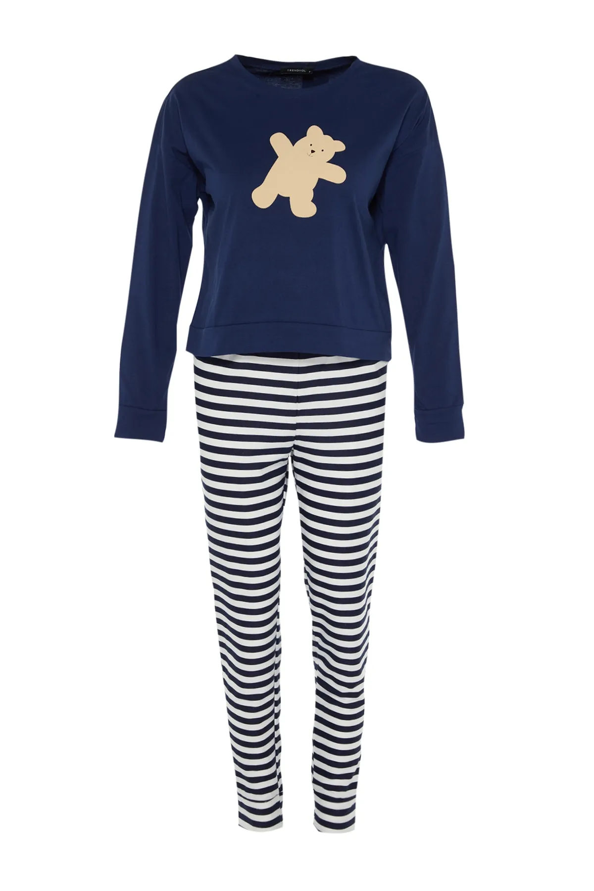 Trendyol Collection  Marineblaues Pyjama-Set aus Baumwolle mit Teddybär-Aufdruck und Jogginghose aus Strick THMAW21PT0302