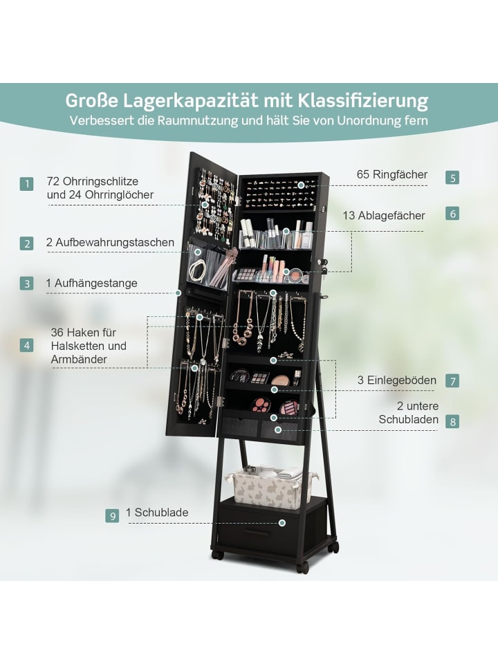 COSTWAY Schmuckschrank mit Spiegel in Schwarz günstig kaufen onesize