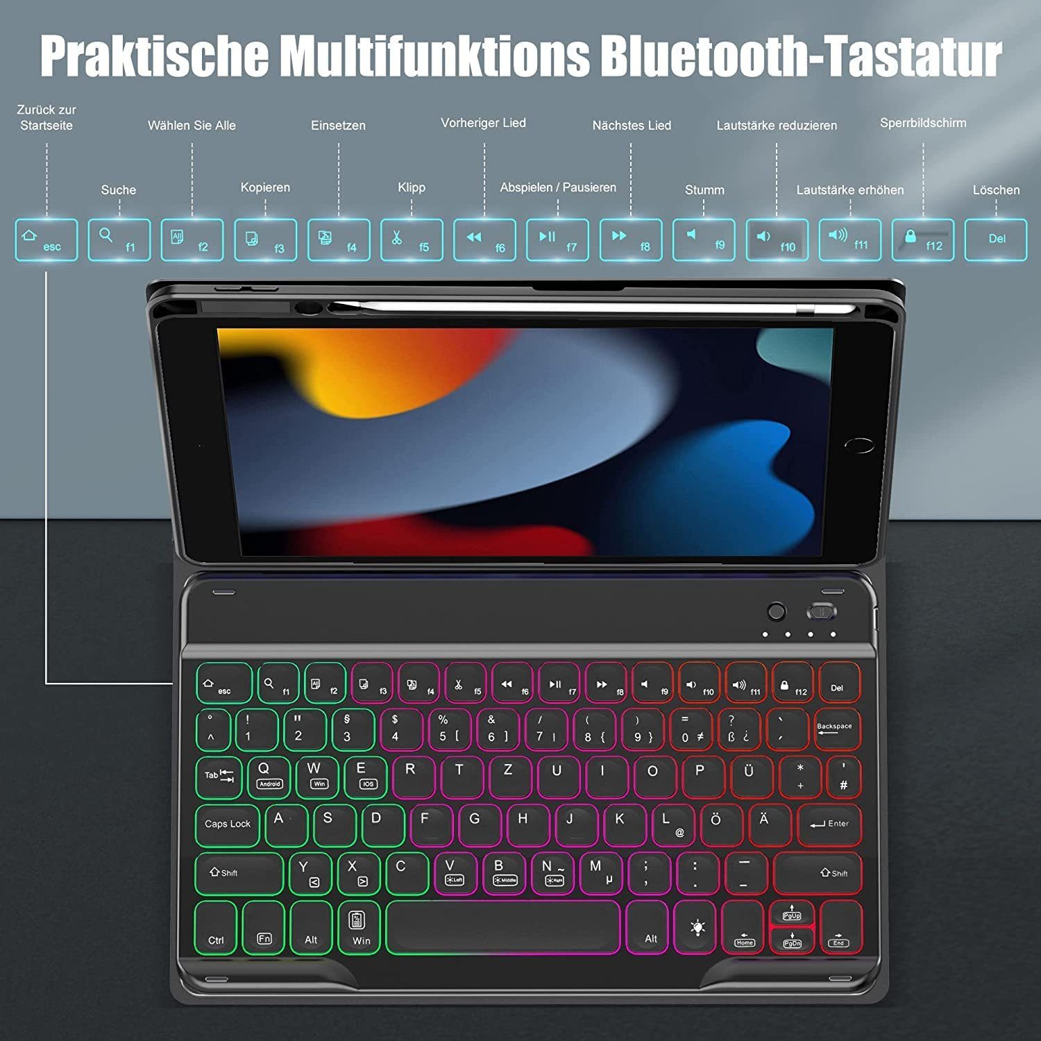 Tisoutec Tastatur Hülle für iPad 9./8./7.Generation,iPad 10,2 Tastatur iPad-Tastatur (Beleuchtete QWERTZ Bluetooth Tastatur Schutzhülle Stifthalter)