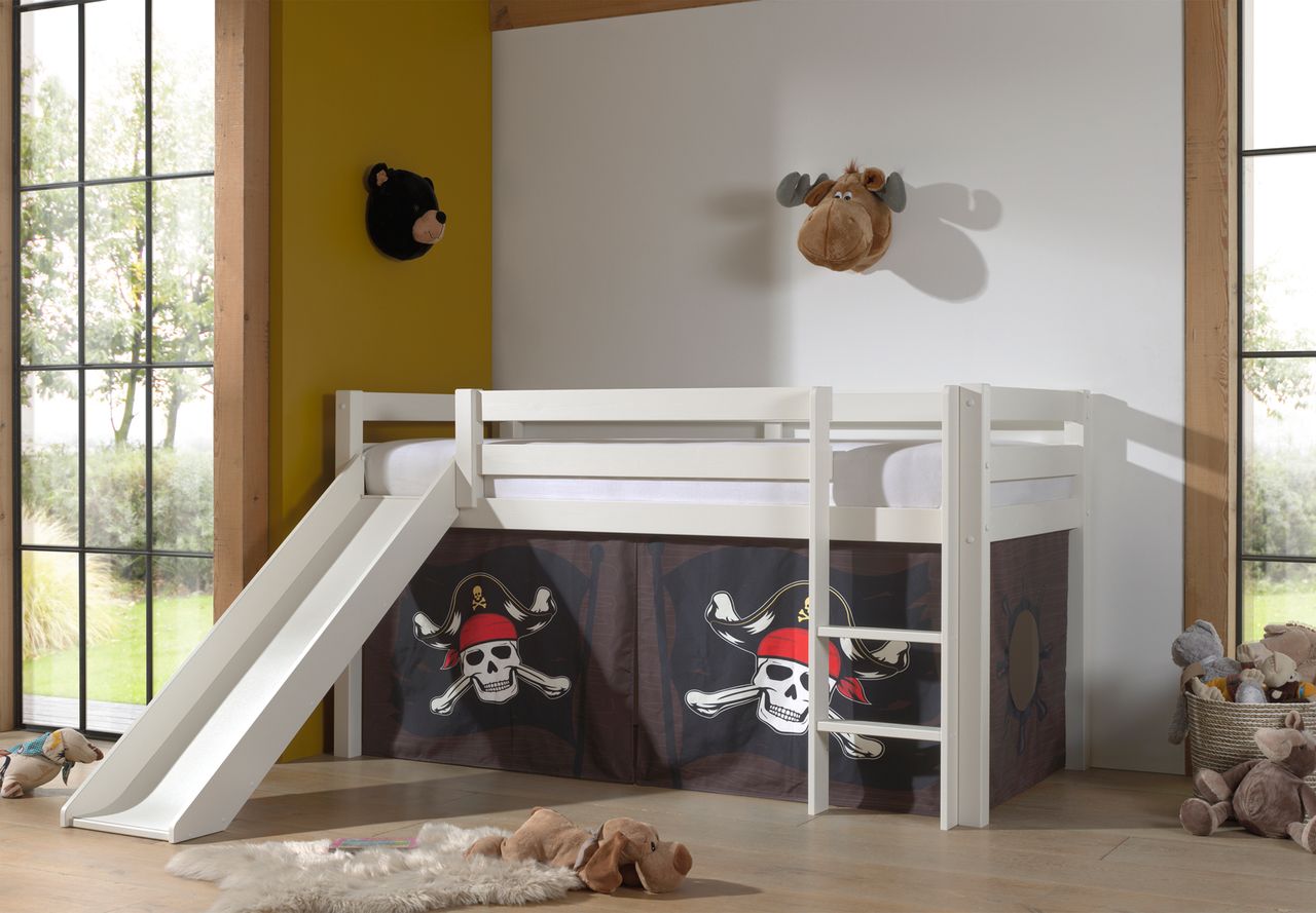 VIPACK Halbhohes Bett PINO, mit Rutsche und Textilset 