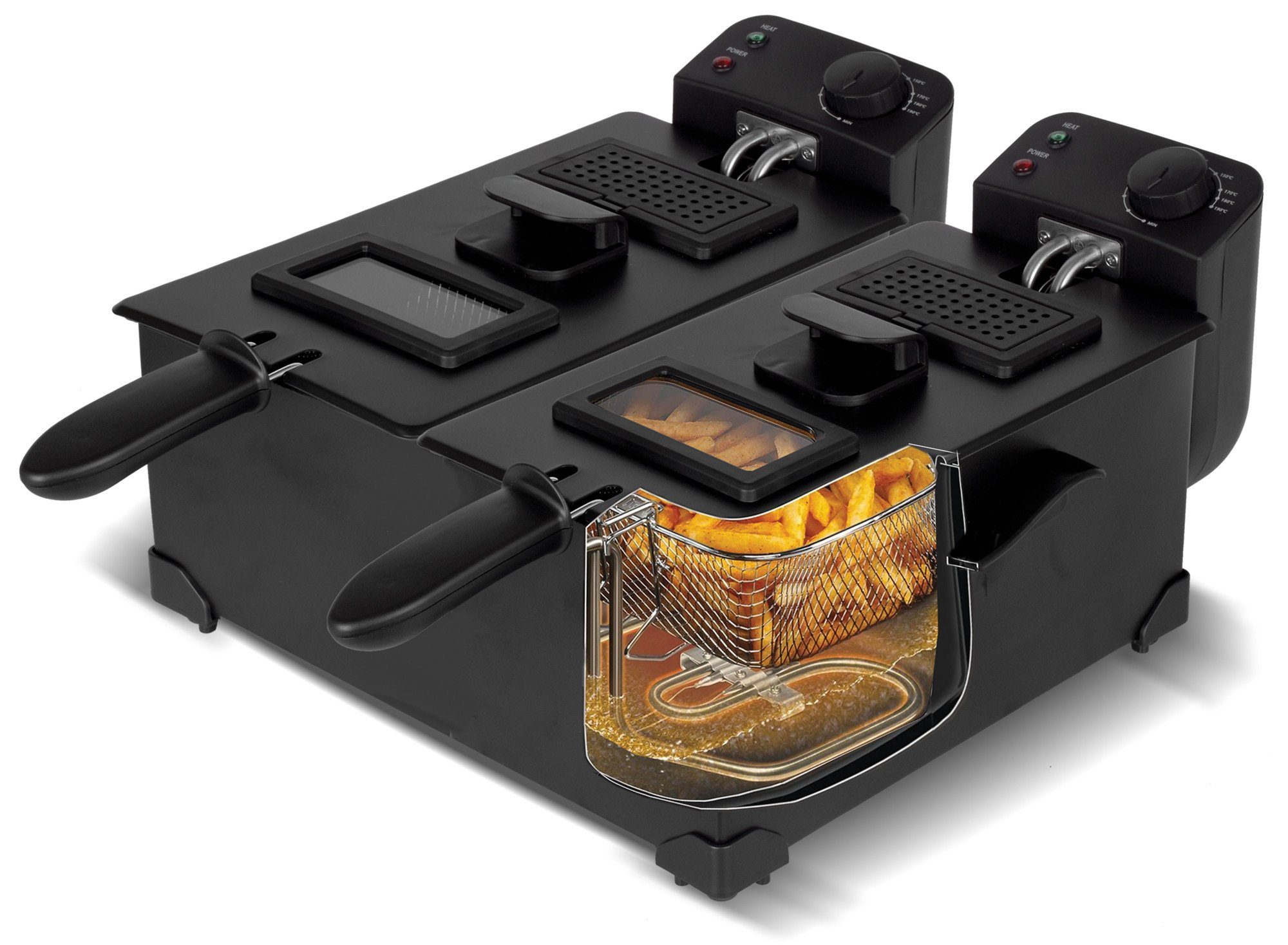 TurboTronic by Z-Line Kaltzonenfritteuse mit herausnehmbaren Öl-Behälter (spülmaschinenfest), 0-190°C, 2x 3L, 3600 W, schwarz/Edelstahl, Doppel Fritteuse