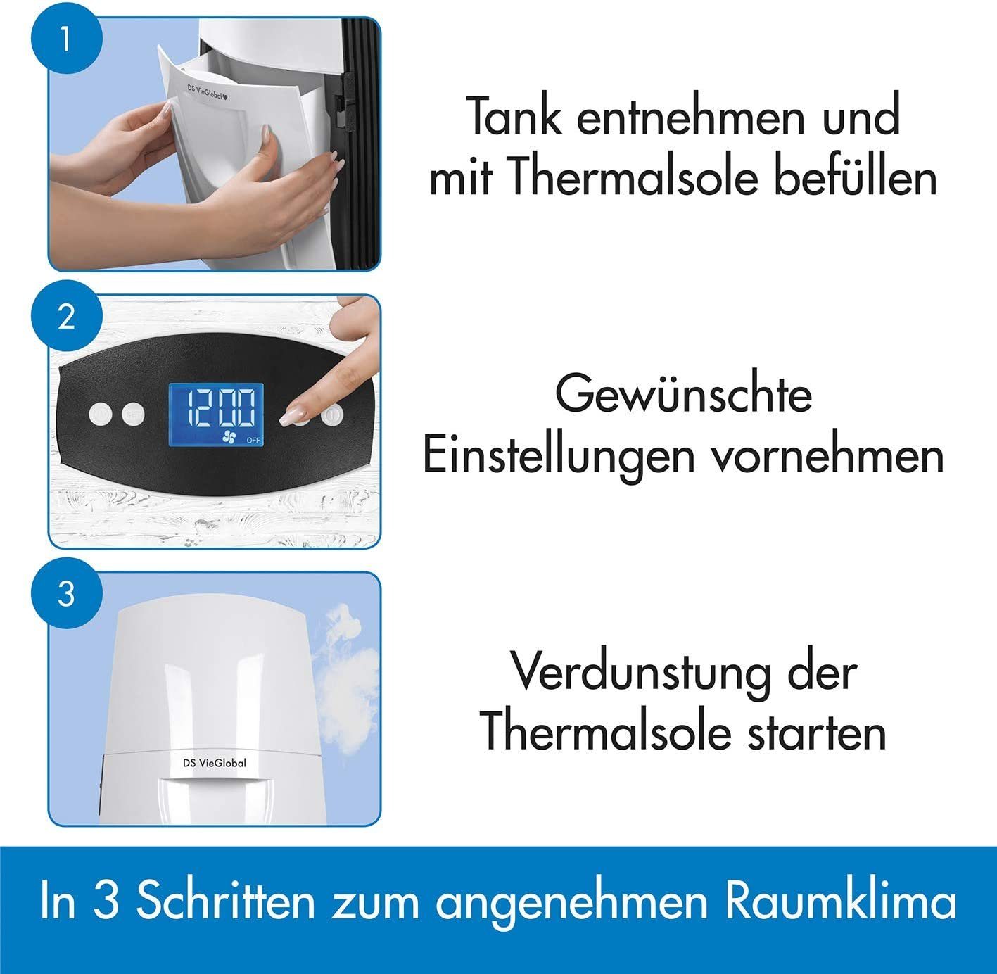DS VieGlobal Luftbefeuchter Thermalsole-Verdunster, 2,5 l Wassertank, Diffuser mit Timer-Funktion in weiß/grau, 2,5Watt