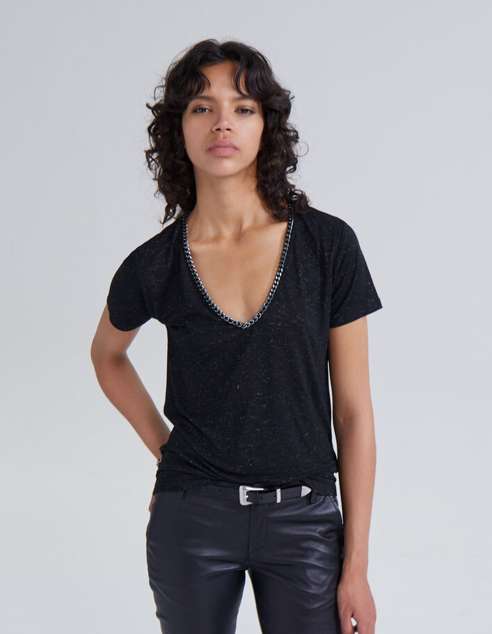 Tee-shirt noir lurex encolure V bijou Femme