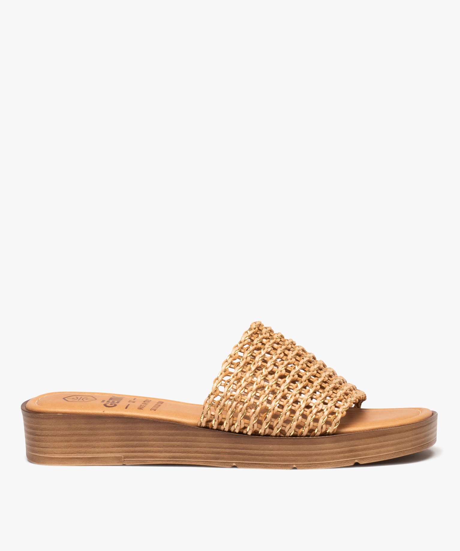 Mules femme à talon plat avec bandeau tressé irisé camel | GEMO