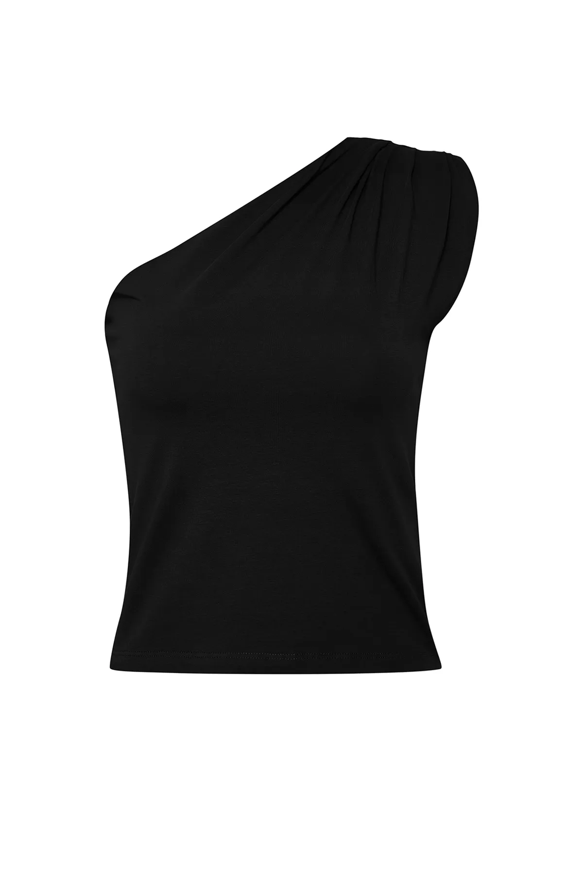 Trendyol Collection  Schwarze asymmetrische, wattierte Stretch-Strickbluse mit einer Schulterpartie TWOSS24BZ00133