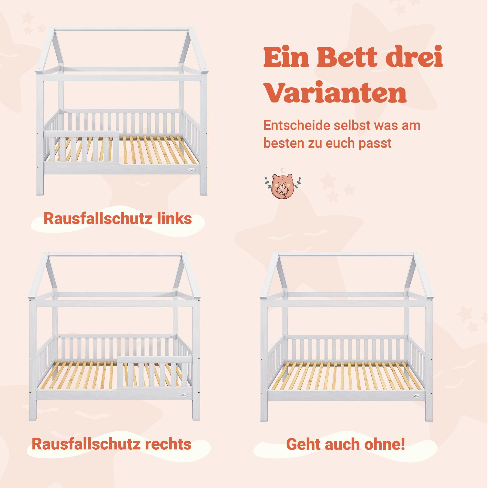 Alcube Kinderbett HEIM I Top ANGEBOTE I Begrenzte Zeit I BESTSELLER! (Hausbett 80x160 cm inkl. Rausfallschutz und Rolllattenrost, Kinderbett 80x160 cm für Matratze 160x80 Jugendbett 80x160 cm), Kinderbett in Weiß für Mädchen und Jungen Einzelbett aus