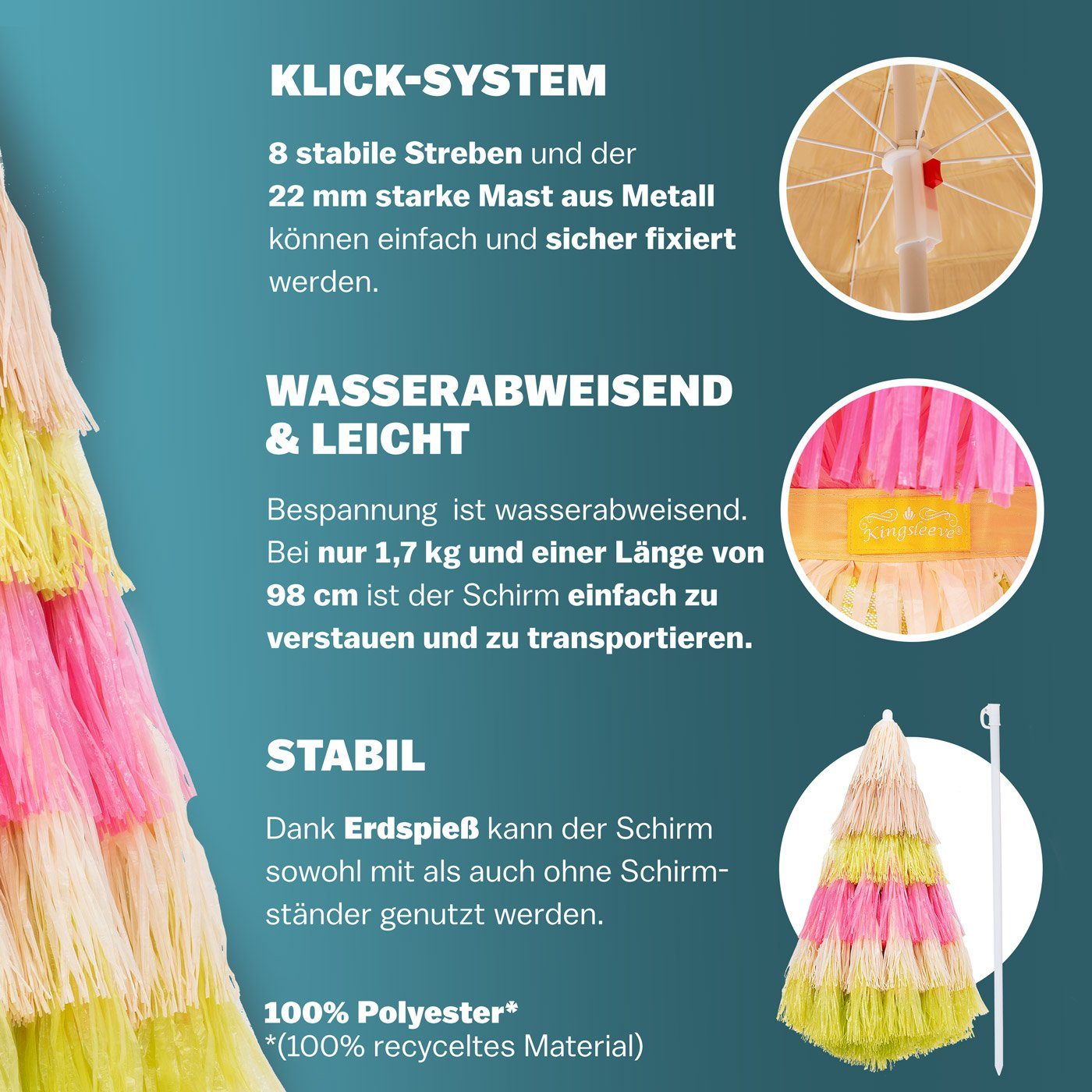 Kingsleeve Sonnenschirm, 160 cm Neigbar Höhenverstellbar Erdspieß Robust Standsicher leichter Transport Hawaiischirm Strandschirm Strandsonnenschirm