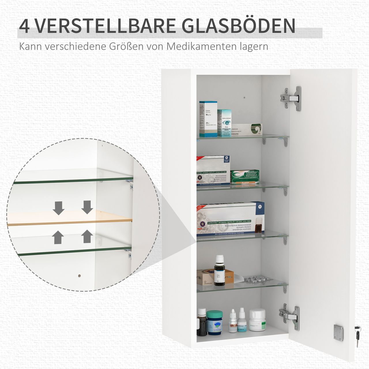 kleankin Medizinschrank Arzneischrank Wandschrank Hängeschrank mit verstellbarer Ablage Erste-Hilfe-Kreuz abschließbar für Badezimmer Küche Flur Weiß 30x20x70 cm