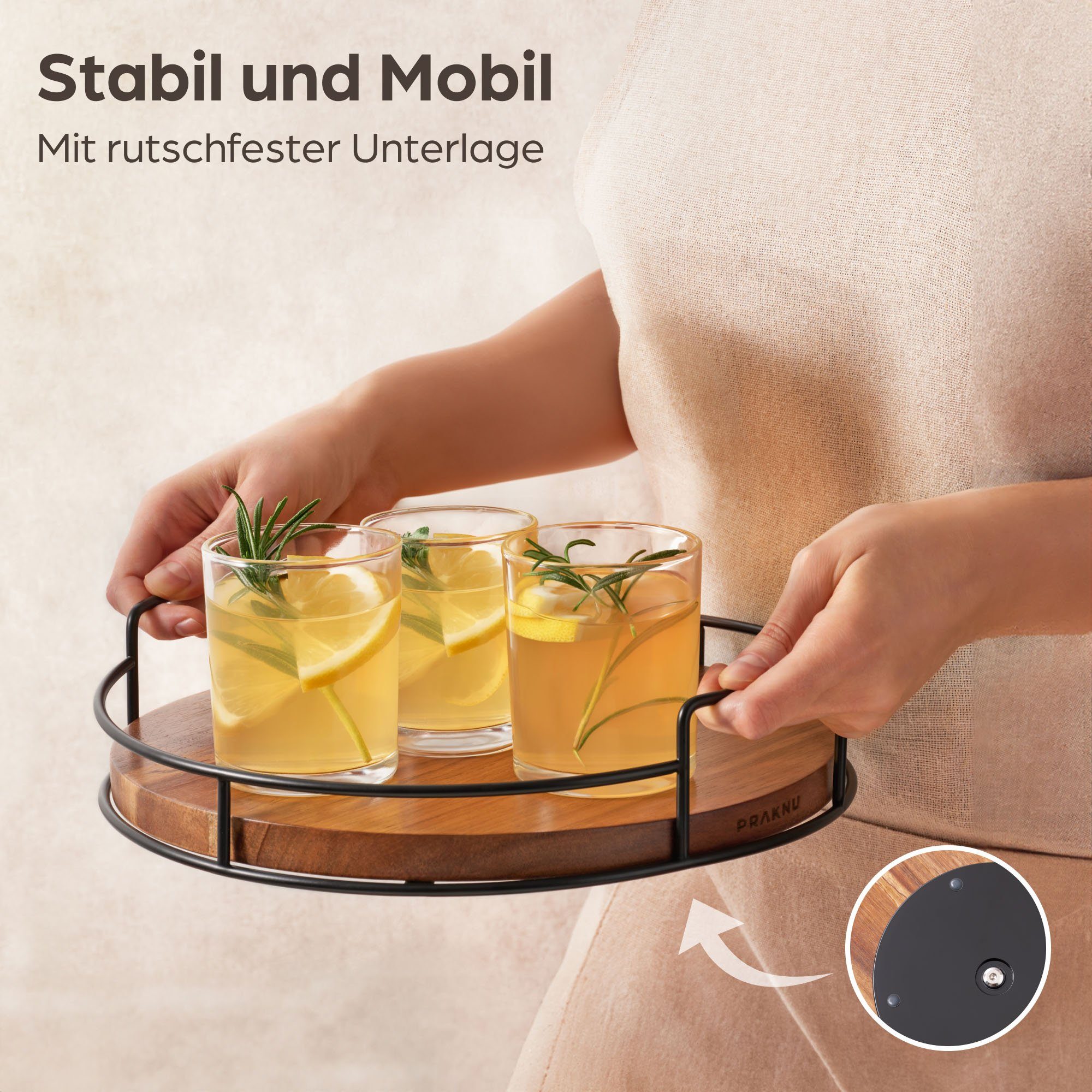Praknu Gewürzkarussell Drehteller Organizer aus Holz Küche, Lazy Susan Tablett Servierteller, (1-tlg), Servierplatten 360° Drehbar - Rutschfest - Ø 28 cm - FSC Akazienholz
