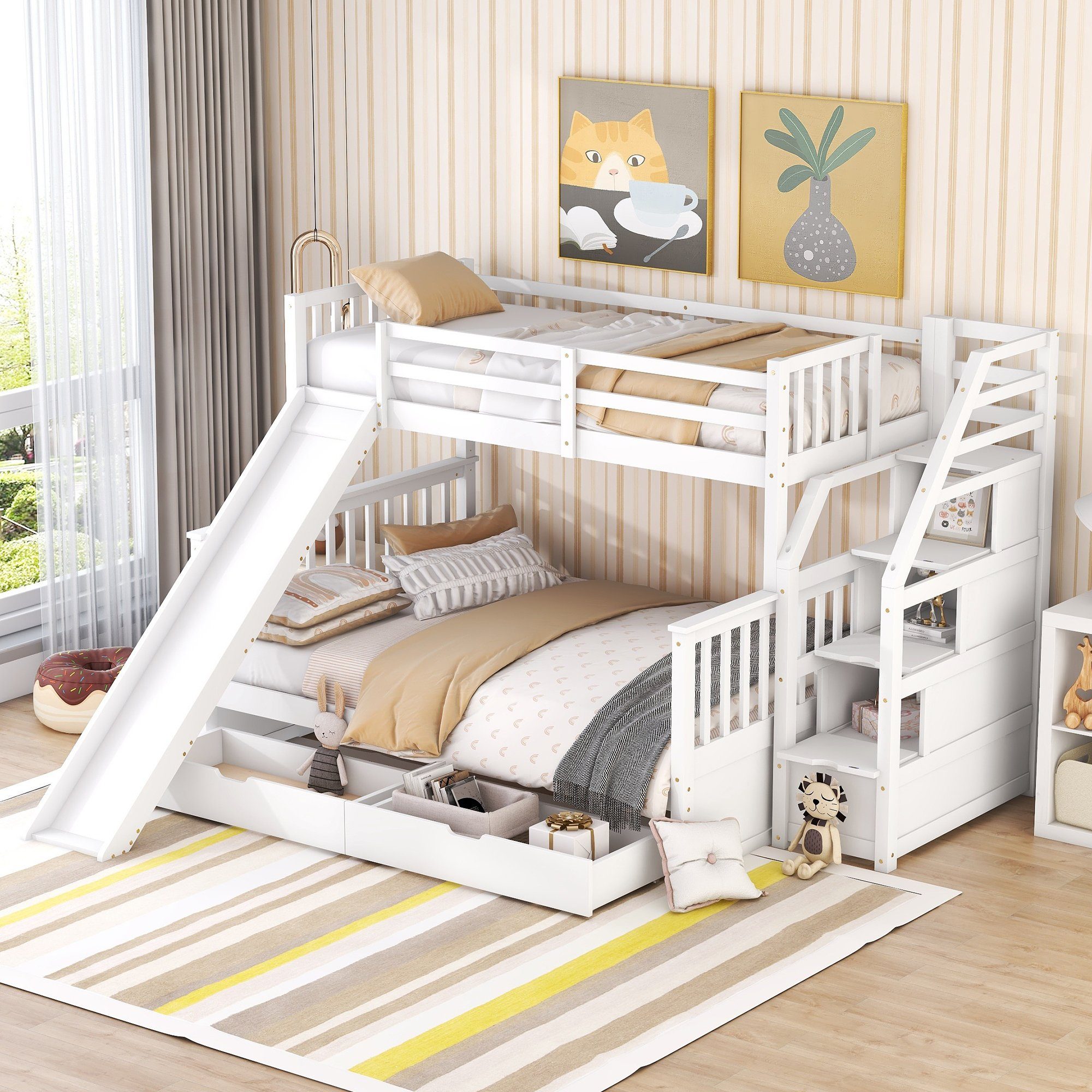 HAUSS SPLOE Kinderbett Etagenbett Holzbett Kinderbett Hochbett Bettrahmen Einzelbett (mit Schubladen, Stauraum und Rutsche, multifunktional, 90 x 200 über 140 x 200), Ohne Matratze
