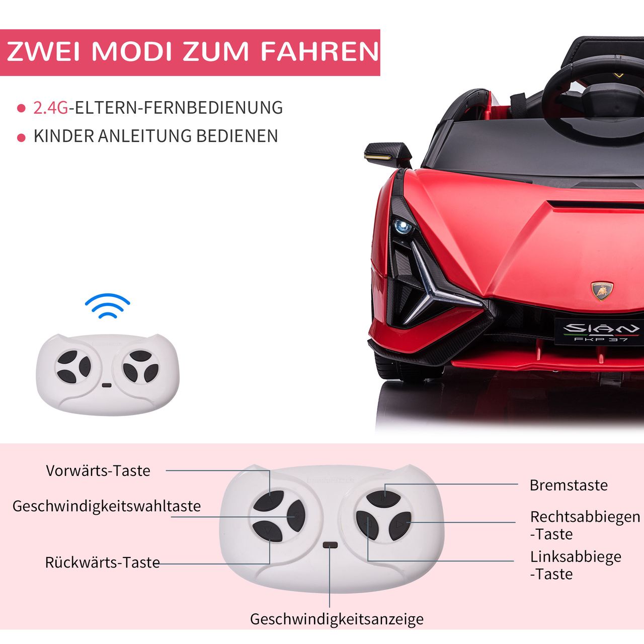HOMCOM Kinderfahrzeug 2 Fahrmodi SIAN SUV-Auto-Spielzeug Elektroauto mit Fernbedienung extra breiten Reifen Musik(MP3/USB) Licht 3–5 Jahre PP Metall Rot 108 x 62 x 40 cm
