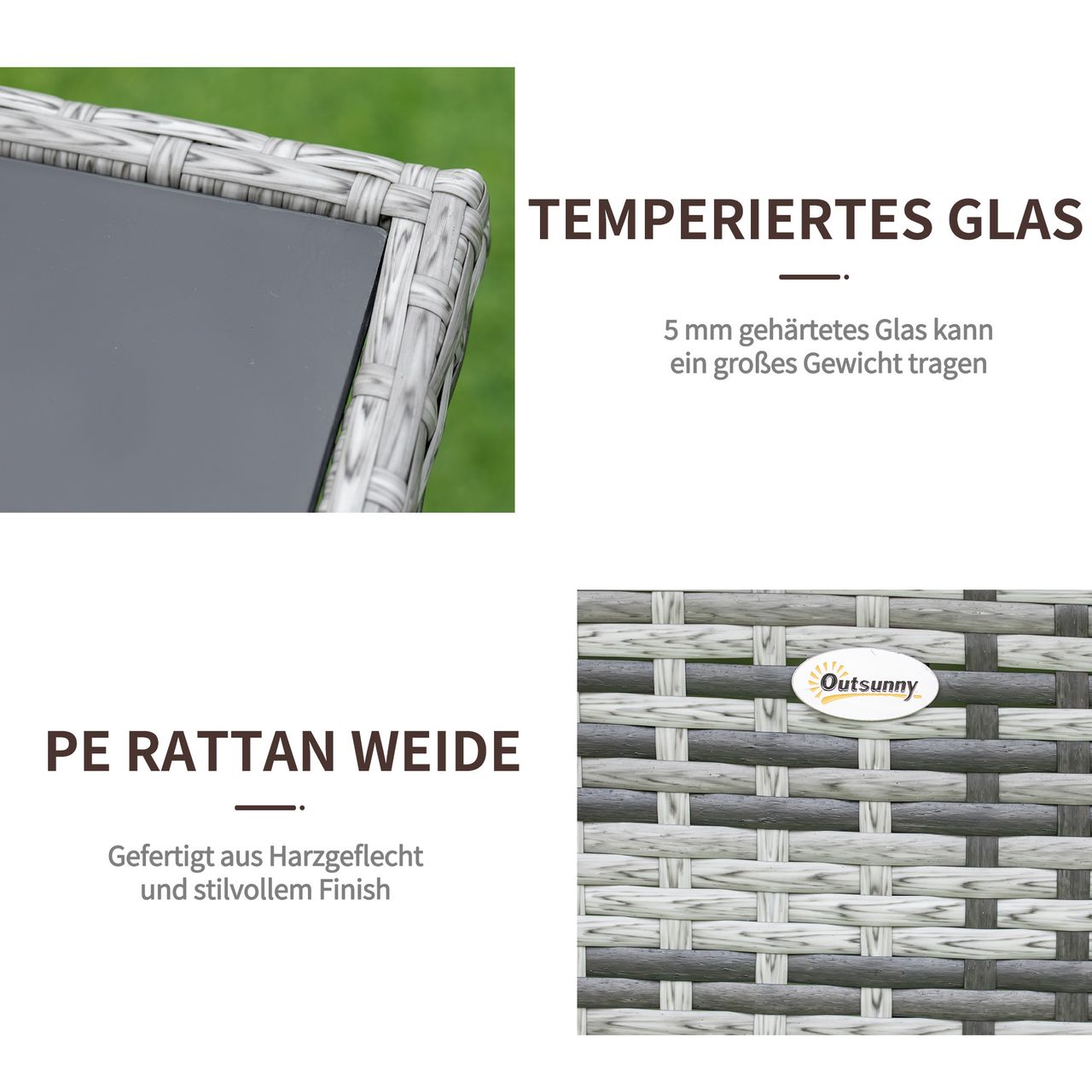 Outsunny Gartentisch Glastisch Esstisch Gartenmöbel Tisch, Polyrattan Sicherheitsglas, Grau Schwarz, 150x85x74cm