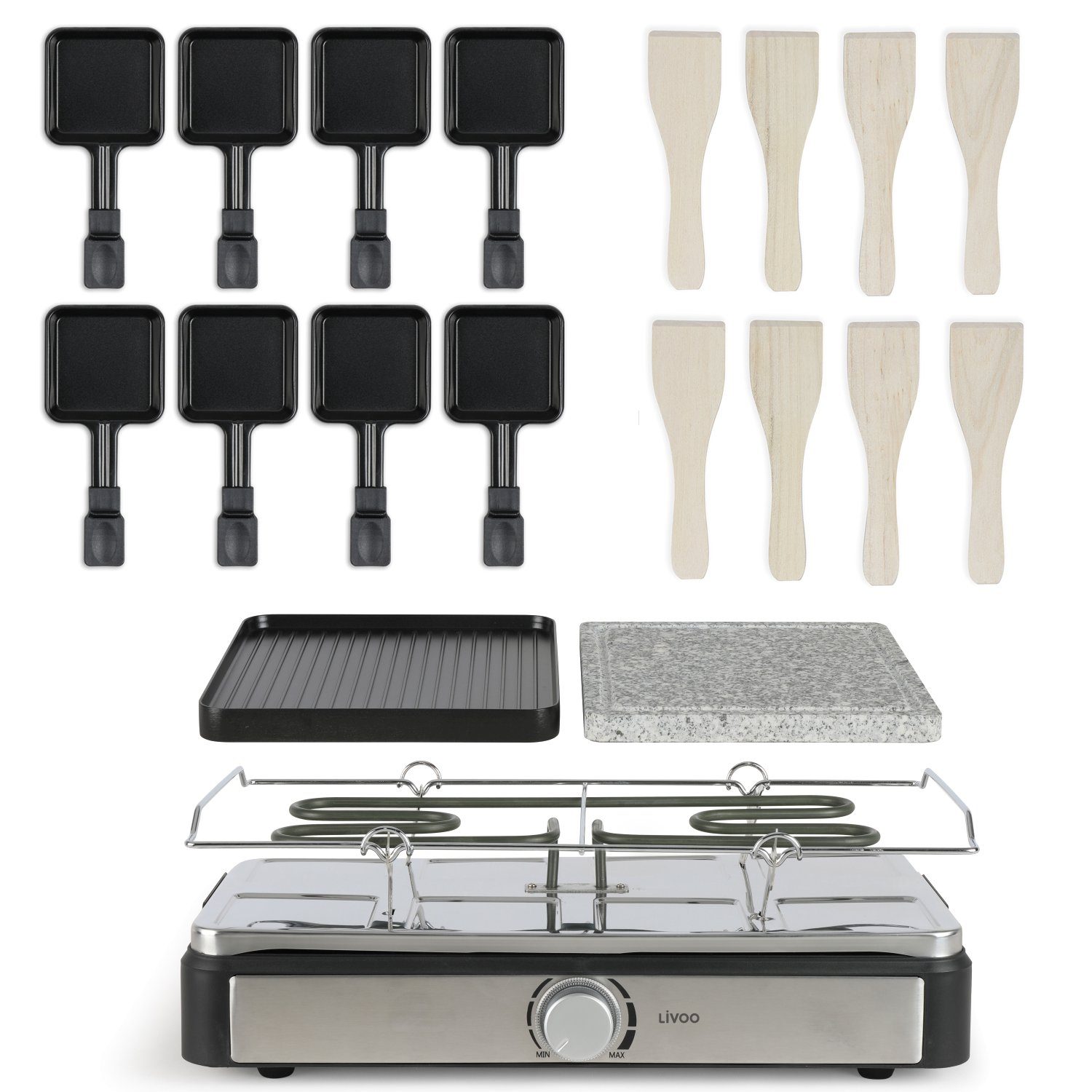 LIVOO Raclette LIVOO Raclette Grill für 8 Personen Tischgrill Raclettegrill DOC258, 8 Raclettepfännchen, 1400,00 W, Raclettepfännchen, Holzspatel, 2 abnehmbare Grillplatten, Drehregler