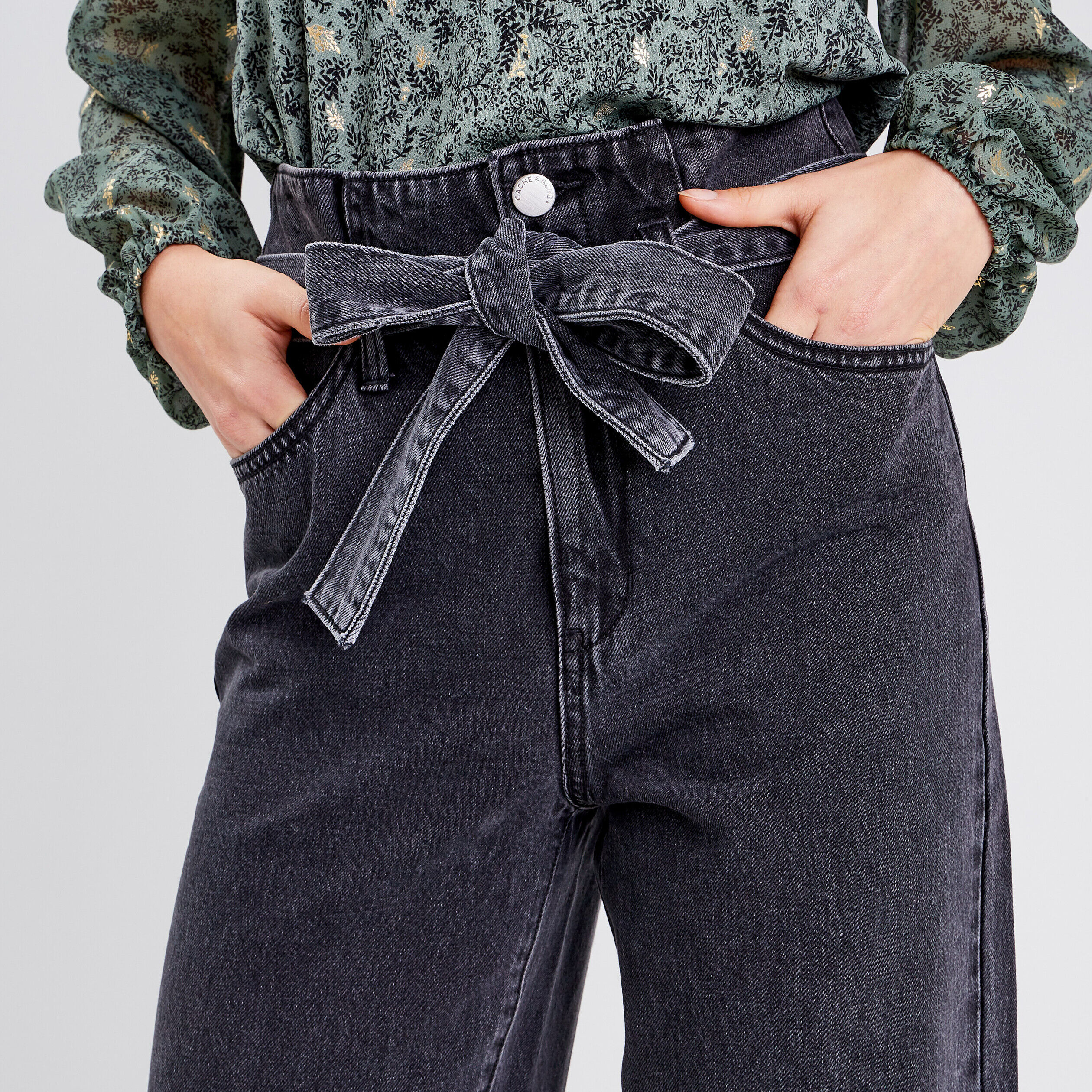 Jeans paperbag wide leg denim noir femme | Cache Cache