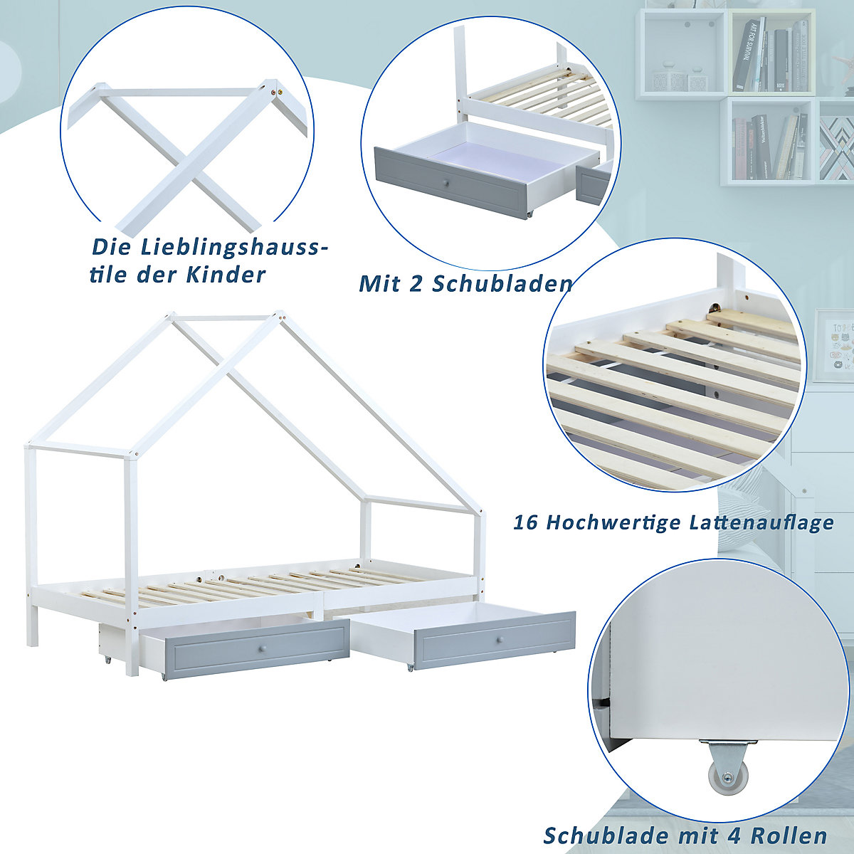 Hausbett 90x200cm mit 2 Schubladen, Kinderbett Spielbett Massiv