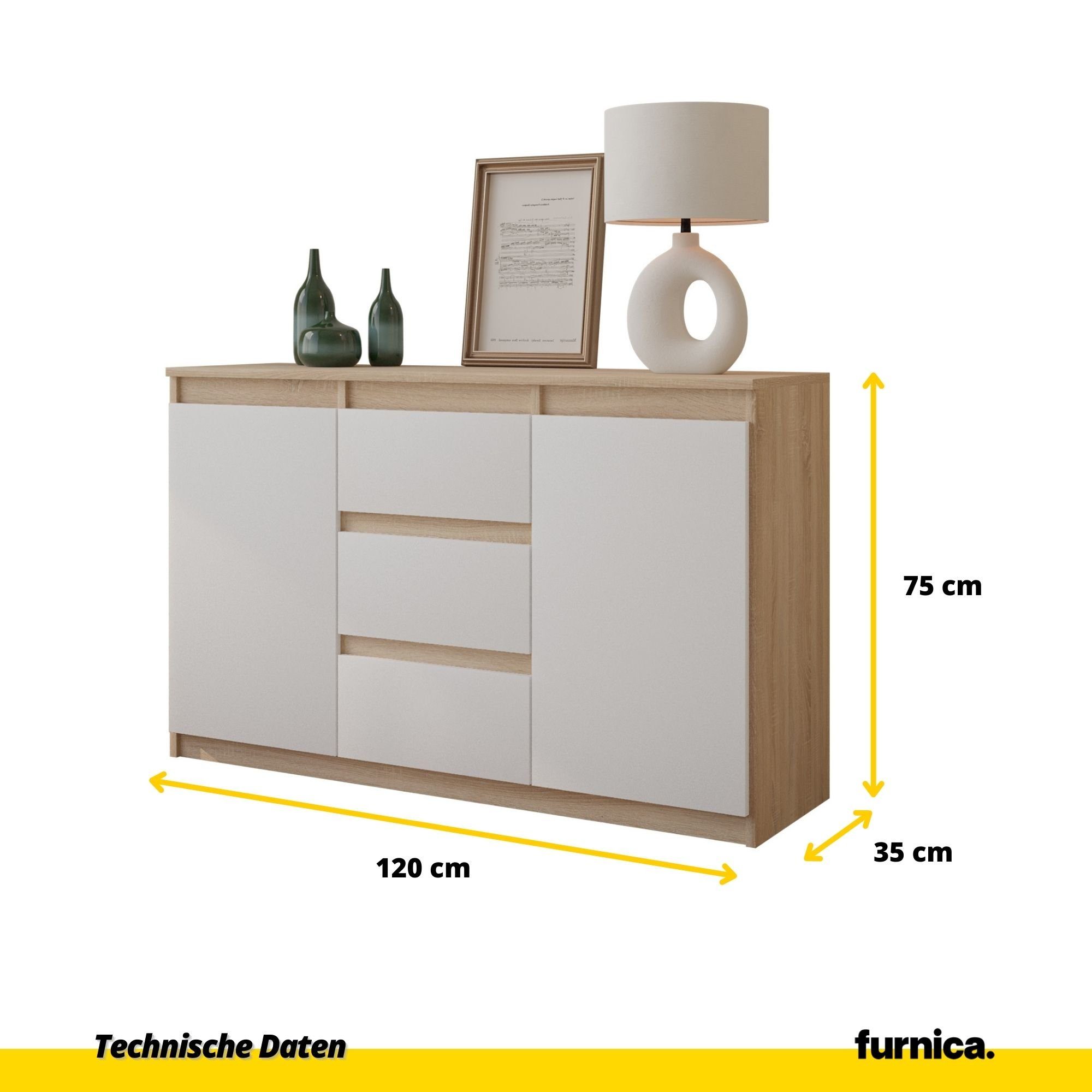 Furnica Kommode MIKEL, 3 Schubladen und 2 Türen - Sonoma Eiche H75cm B120cm T35cm (1 St)