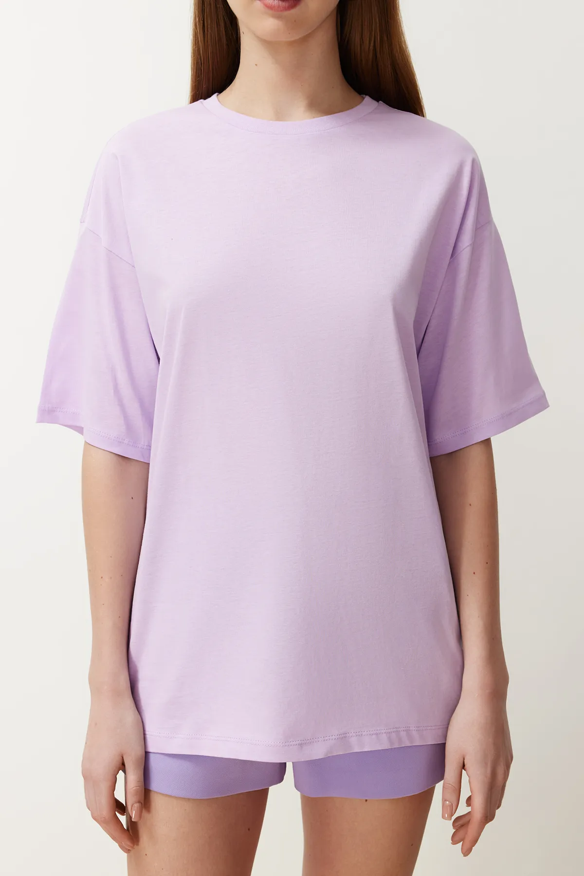 Trendyol Collection  Lila, 100 % Baumwolle, Oversize/Weitform, Rundhals-Strick-T-Shirt TWOSS20TS0134