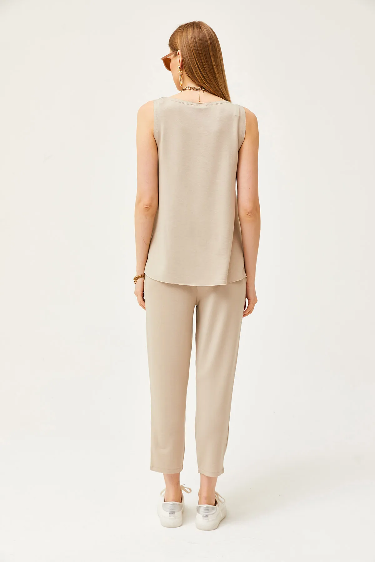 Olalook  Damen-Anzug aus Stein, ärmellos, lockere Bluse unten oben, Kristall, TKM-19000271