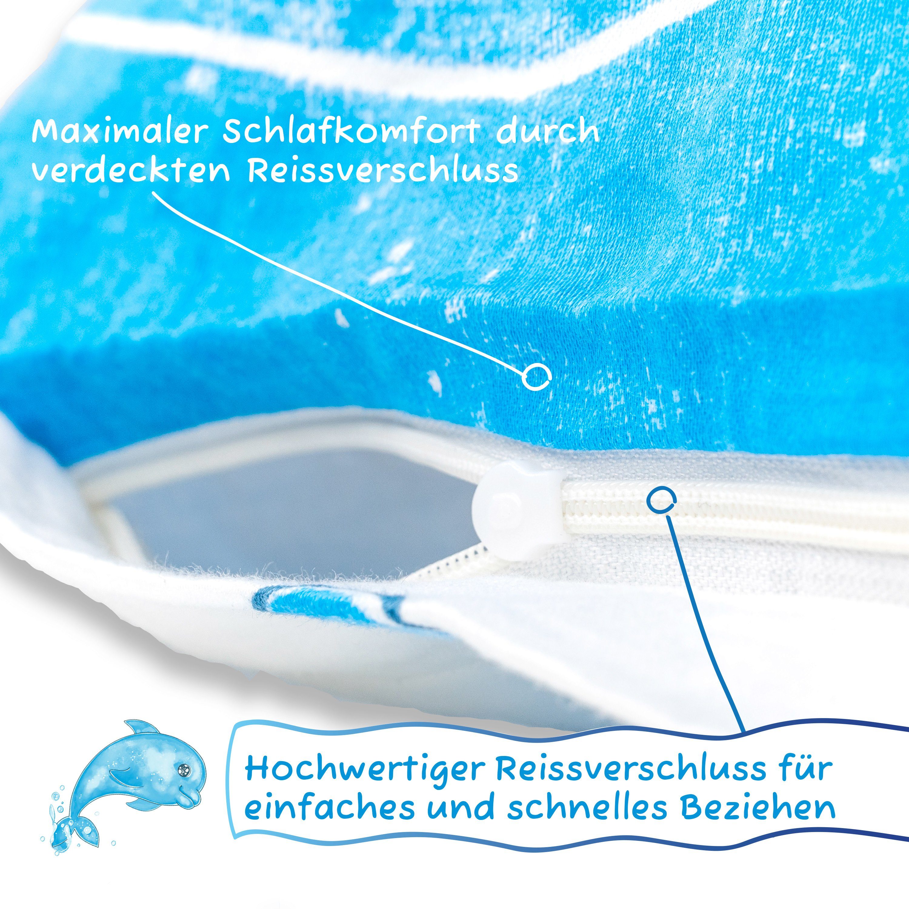 Kinderbettwäsche Wendebettwäsche Delfin, Koru Kids, 100%Baumwolle (Mako Satin), 2 teilig, als Kinderbettwäsche 135x200 oder Babybettwäsche 100x135
