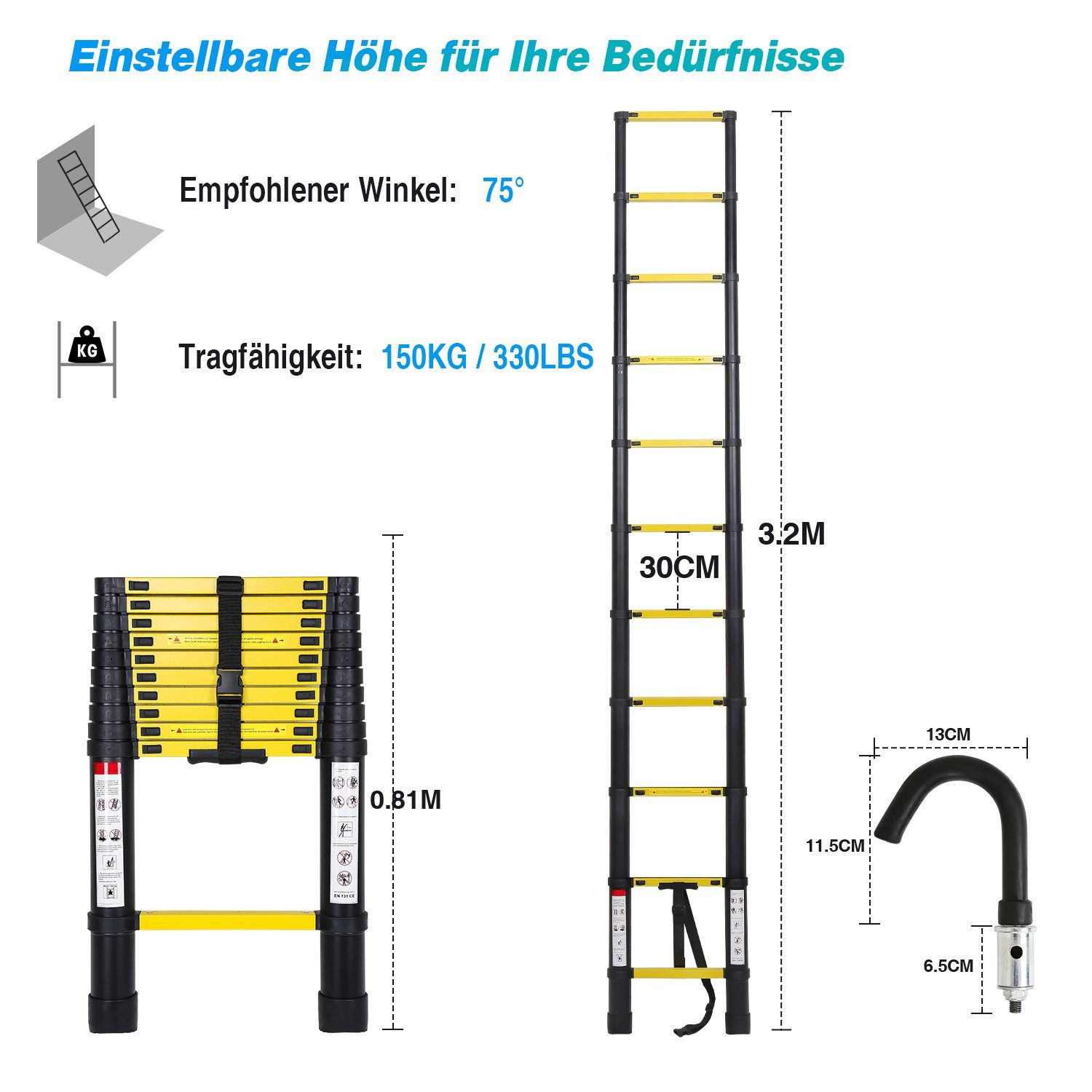 Lospitch Teleskopleiter Teleskopleiter Alu 3.2m Ausziehleiter Anlegeleiter mit haken