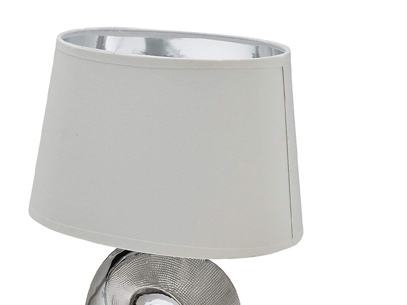 meineWunschleuchte LED Tischleuchte, LED wechselbar, Warmweiß, ausgefallen-e Design-er Lampe mit Stoff Lampenschirm Weiß Silber, 33cm