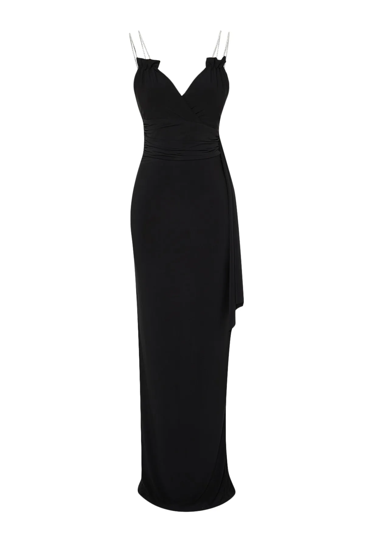 Trendyol Collection  Schwarzes, figurbetontes, langes Abendkleid aus Strick mit glänzenden Schmucksteinen TPRSS23AE00249