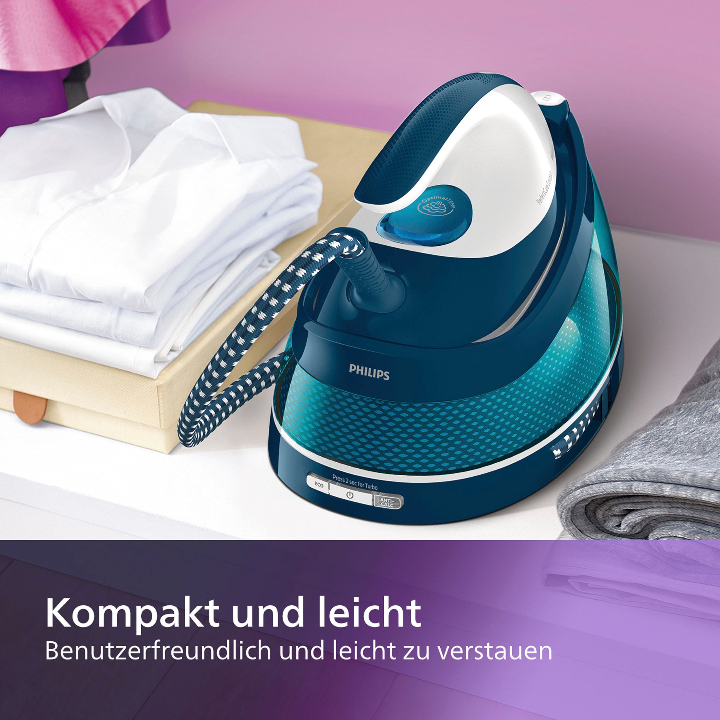 Philips Dampfbügelstation PerfectCare Compact GC7844/20, 1500 ml Wassertank, 2.400 Watt, OptimalTemp, 400 gr Dampfstoß