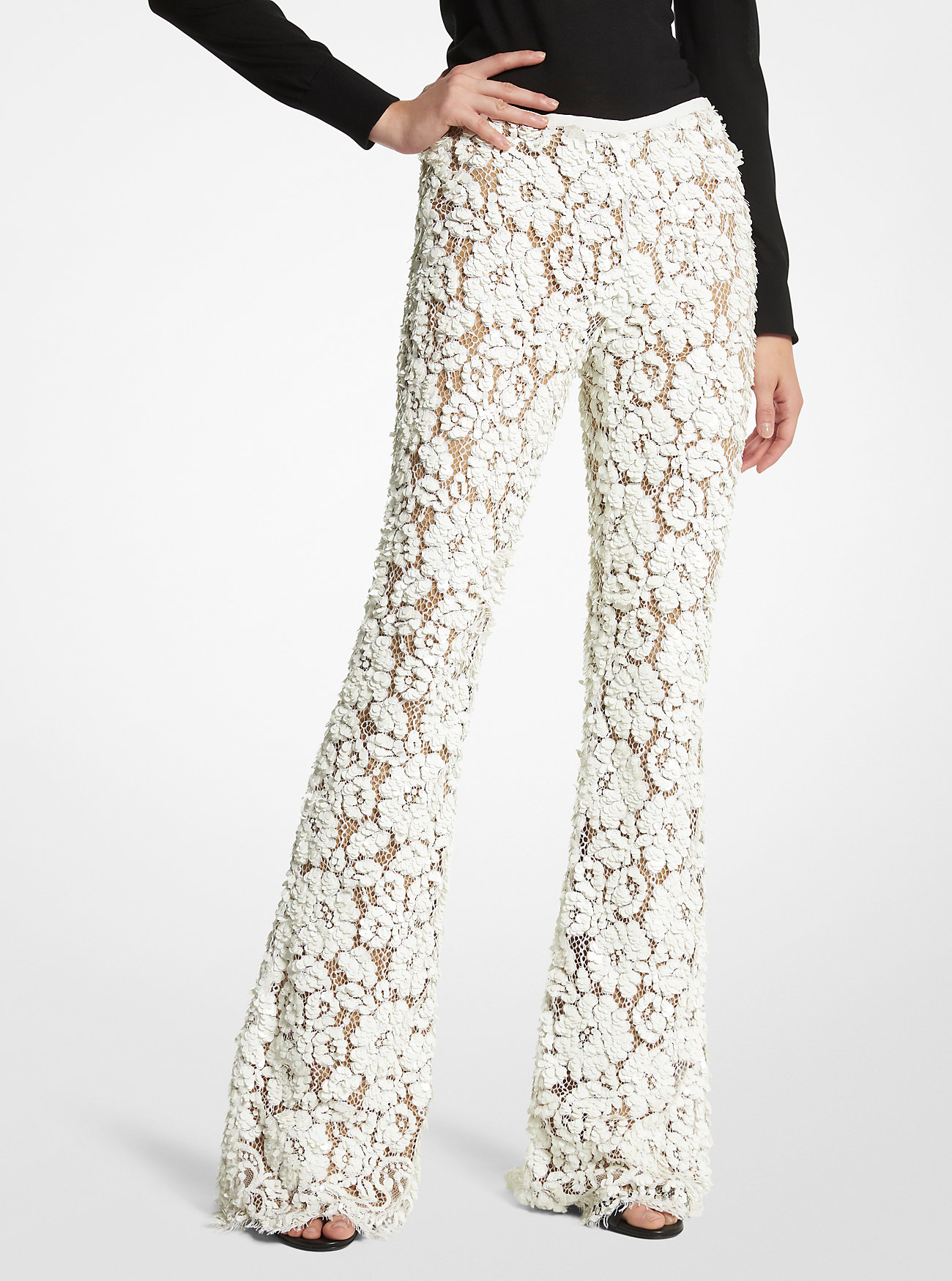 Hand-Embroidered Paillette Floral Lace Pants - OPTIC WHITE