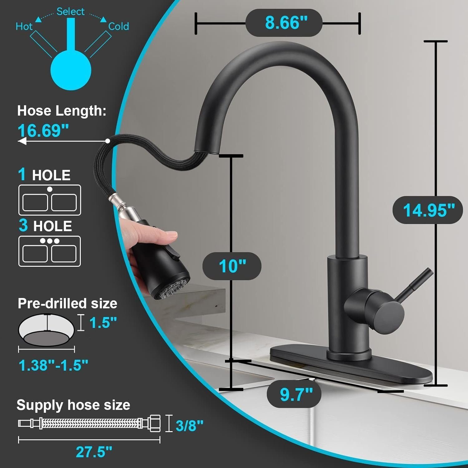 Tisoutec Waschtischarmatur Wasserhahn Bad Schwarz,Waschtischarmatur Waschbecken-Küchenarmatur (schwarz,mit Handbrause,Küchenarmatur,ausziehbar,Küchenarmatur,2 Strahlarten,360 Grad drehbar,Wasserhahn aus Edelstahl 304,Armatur mit Herausziehbar Brause
