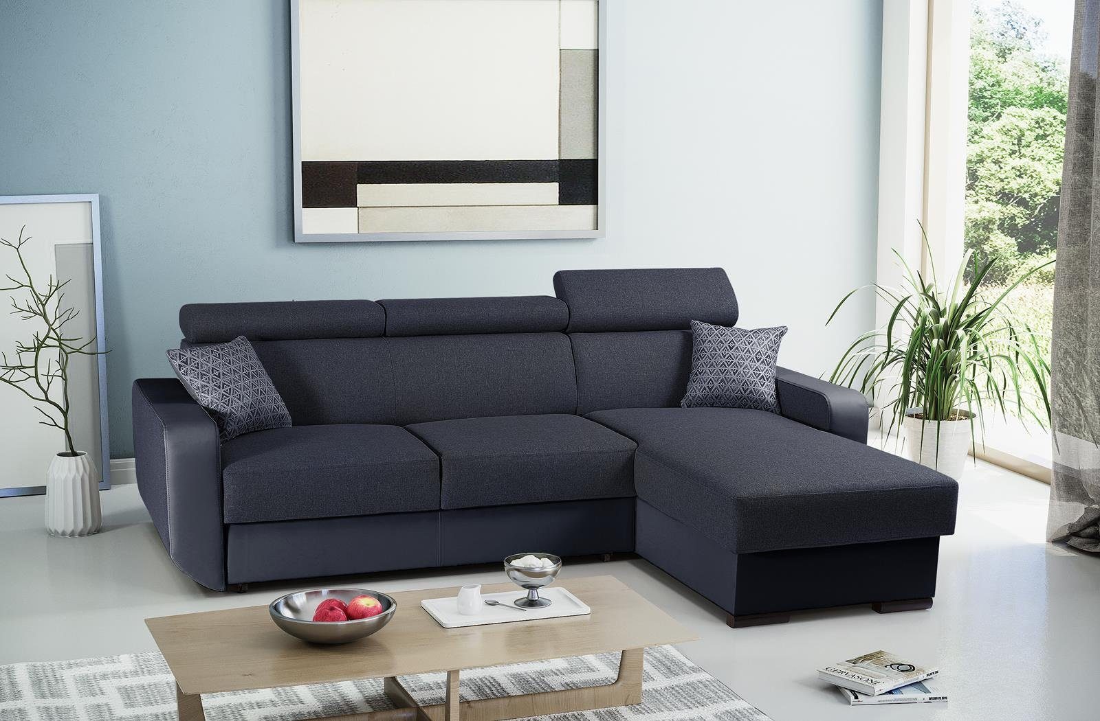 Beautysofa Ecksofa IMPAL, Polsterecke aus Struktur-Gewebe und Kunstleder, Bettkasten, universelle Ottomane, verstellbaren Kopfstützen, Schlaffunktion mit Liegefläche 202 x 130 cm