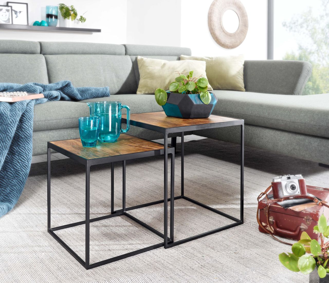 Skyport WOHNLING Beistelltisch Massivholz Satztisch 2 teilig Couchtisch Tisch Set Eckig