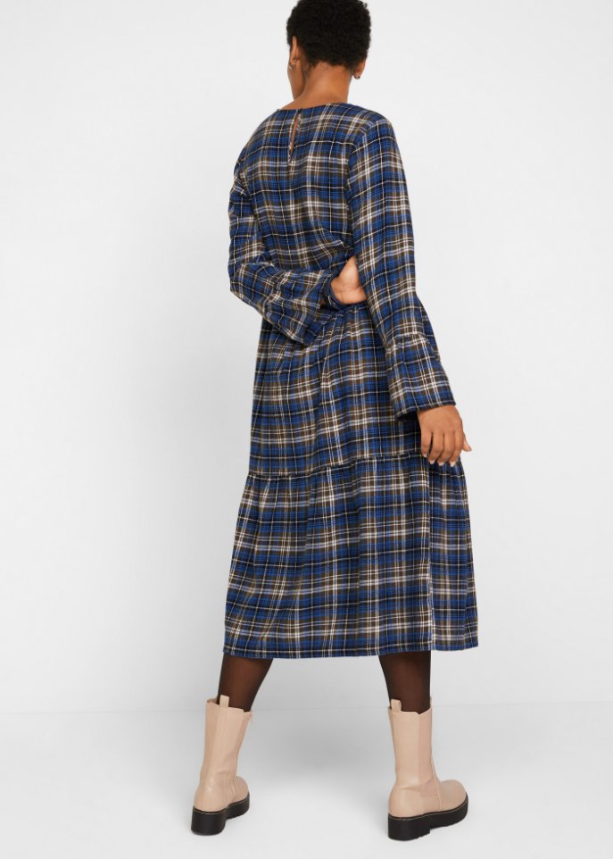 Ausgestelltes Midi-Kleid aus Flanell mit Volants