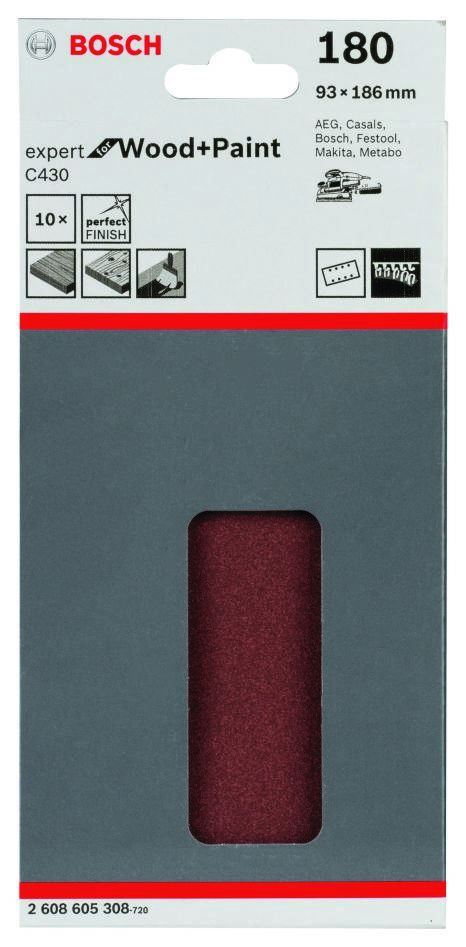 Bosch Blue Accessories 2608605308 Slippapper C430 Expert för trä och färg 93x186mm Kornstorlek 180 10 delar