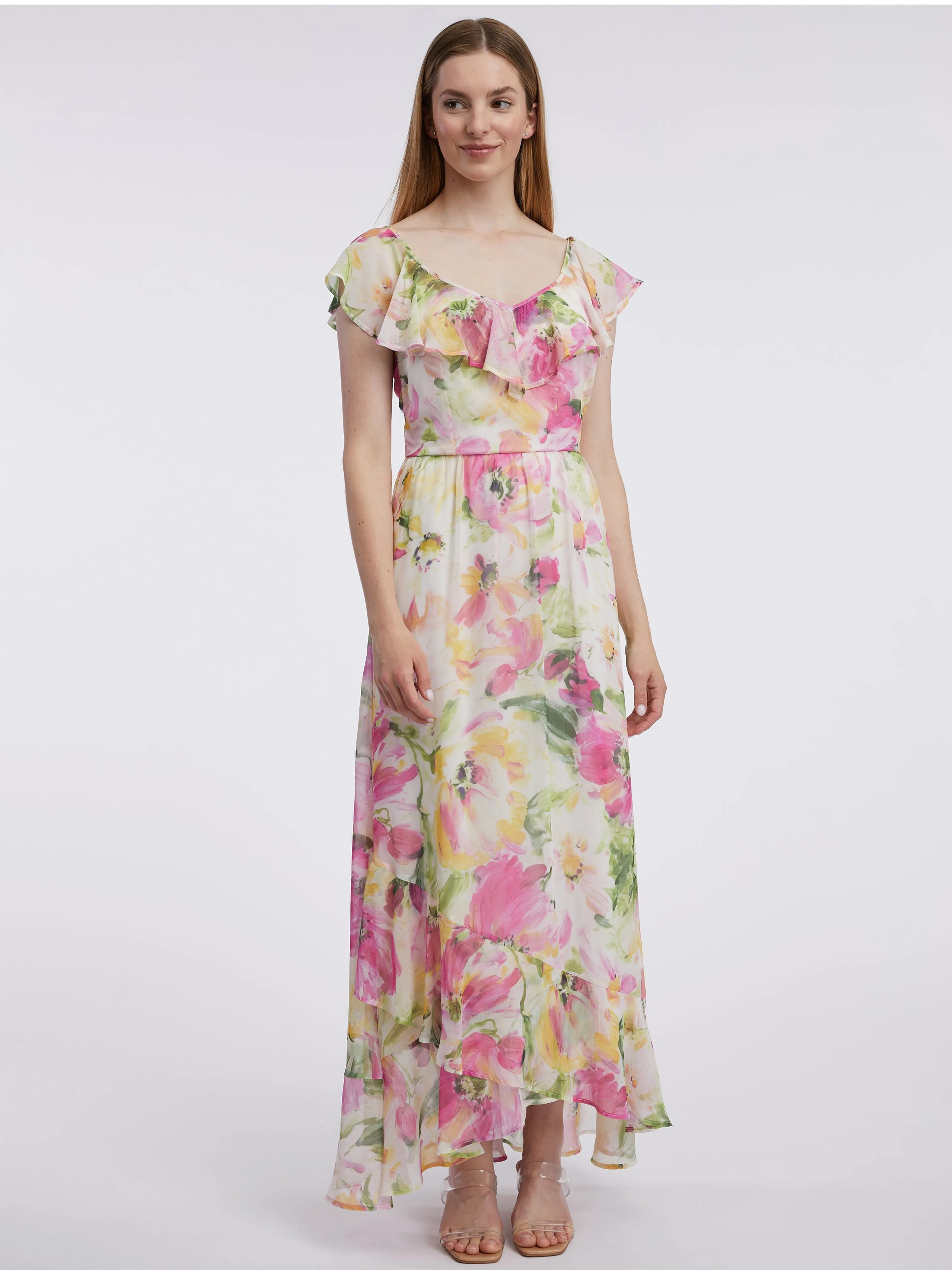Rosa und weißes Damen-Maxikleid mit Blumenmuster ORSAY