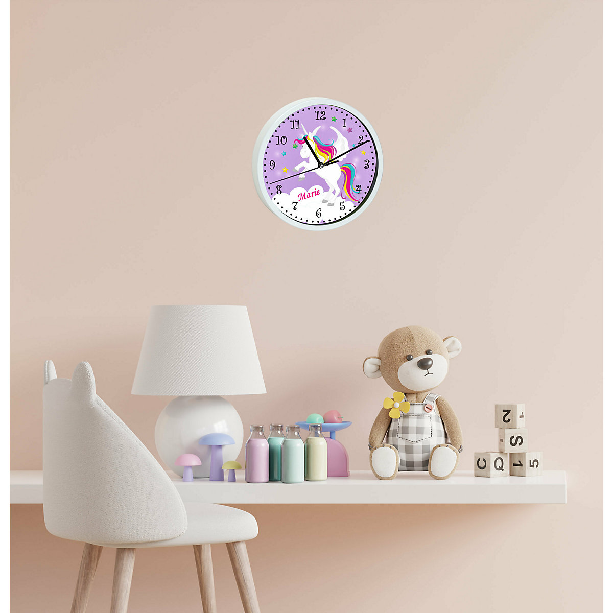 Kinder Wanduhr personalisiert mit Name Pegasus Lila