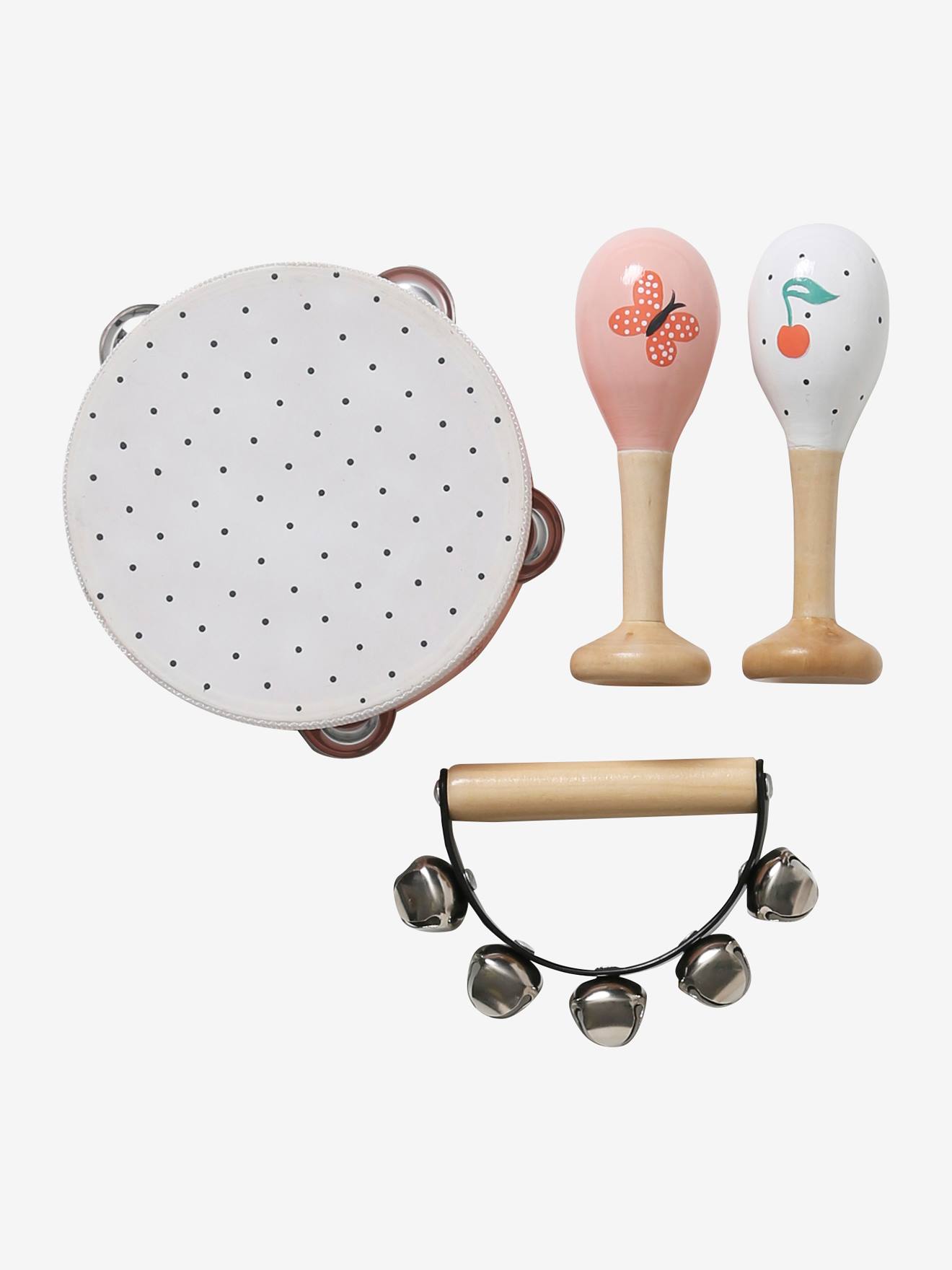 Set 3 instruments : maracas, tambourin, grelots en bois FSC® bébé cerise